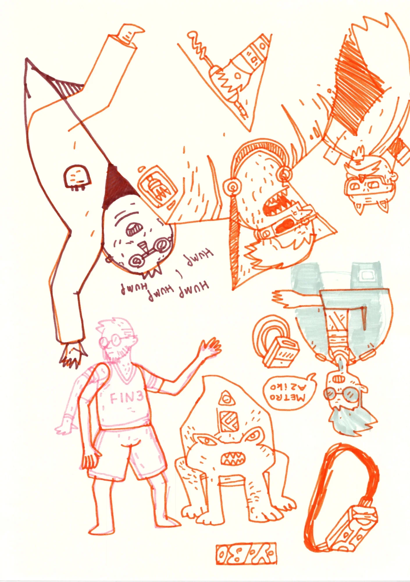 Marker doodles in orange, pink and gray: upside-down figures, a toothy monster, a bearded man in a FIN3 jersey, and a speech