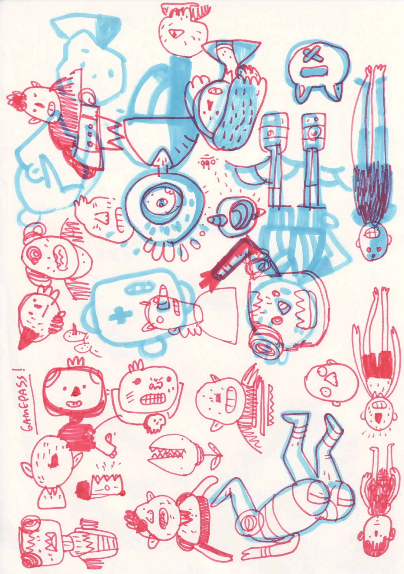 Red and blue marker doodles of quirky cartoon characters, upside-down figures, a big eye and a toothy flower on white paper