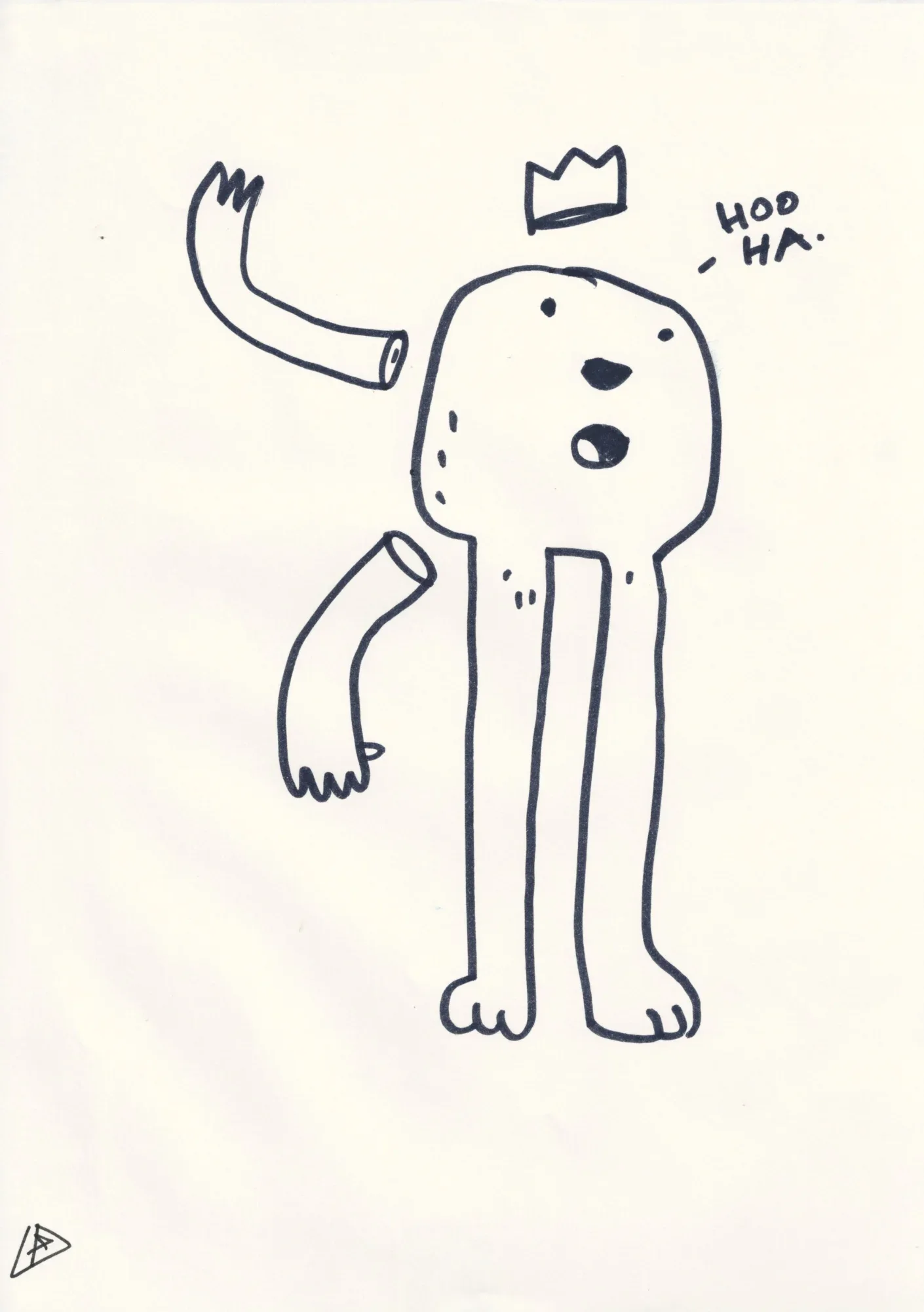 Ink drawing of a blob-headed figure with long thin legs, detached arms floating beside it, a crown above, and the words HOO H