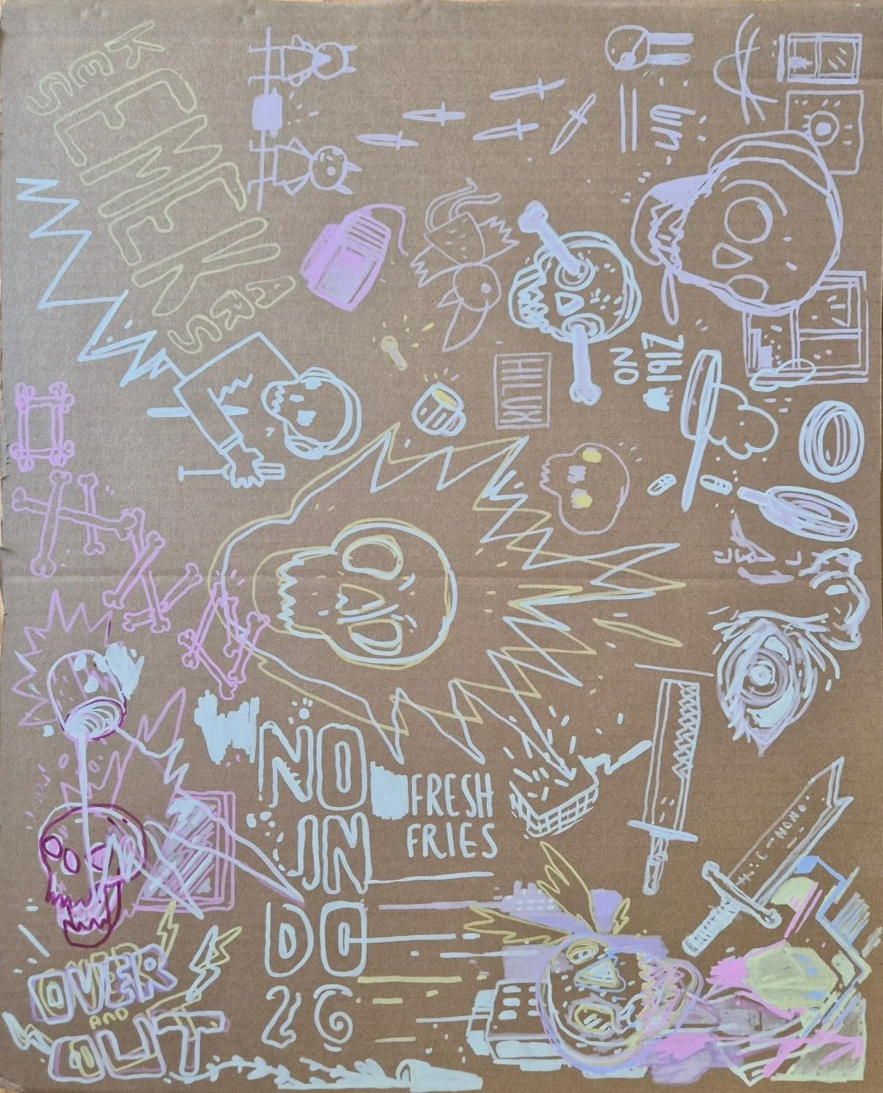 Pastel-colored line drawings on brown cardboard: skulls, bones, swords, an eye, lightning bolts, and the words NO IN DO 26, F