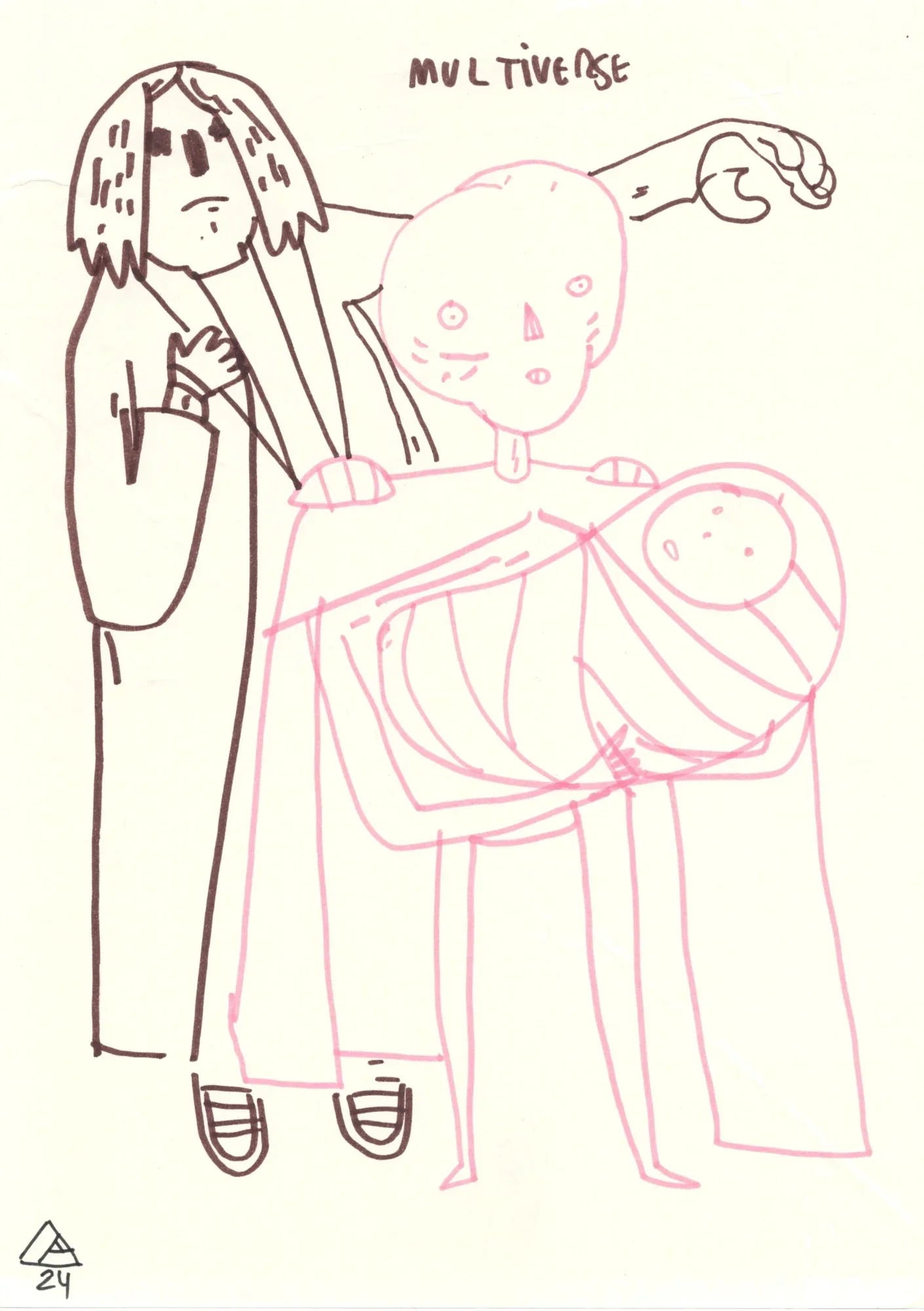 Marker drawing of a long-haired figure in dark robes beside a pink skeletal figure cradling a swaddled baby. Title: MULTIVERS