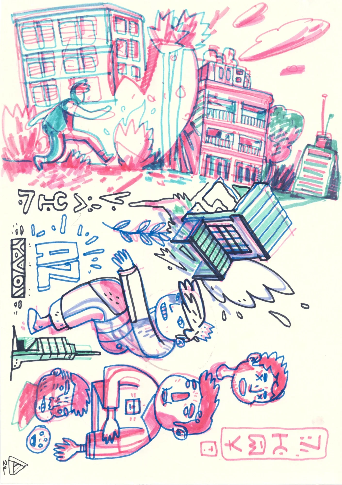 Pink, blue and teal marker drawing: a running figure by burning buildings, a sideways falling figure with wings, and cartoon
