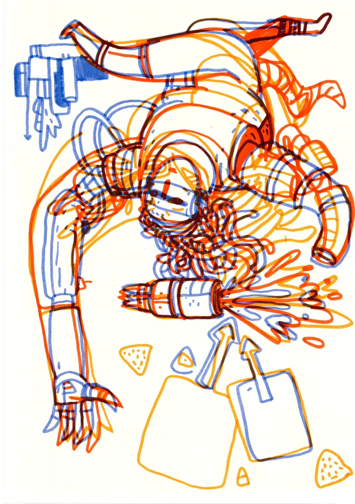 Overlapping red, blue and orange marker lines show a tumbling figure with long arms, a spraying bottle, tortilla chips and tw