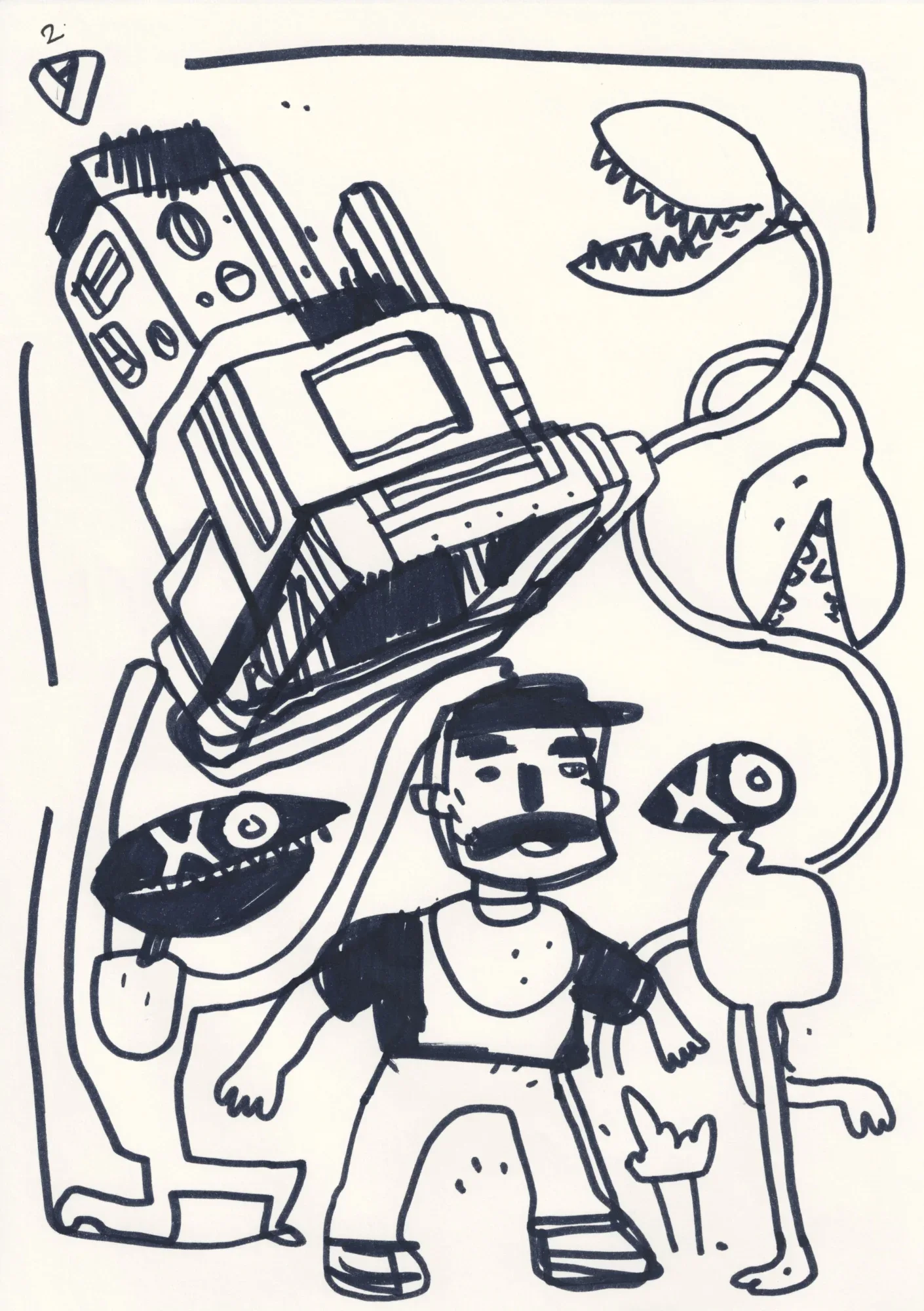 Ink drawing of a mustached man in a cap with carnivorous plants and a large boxy machine tilting overhead.