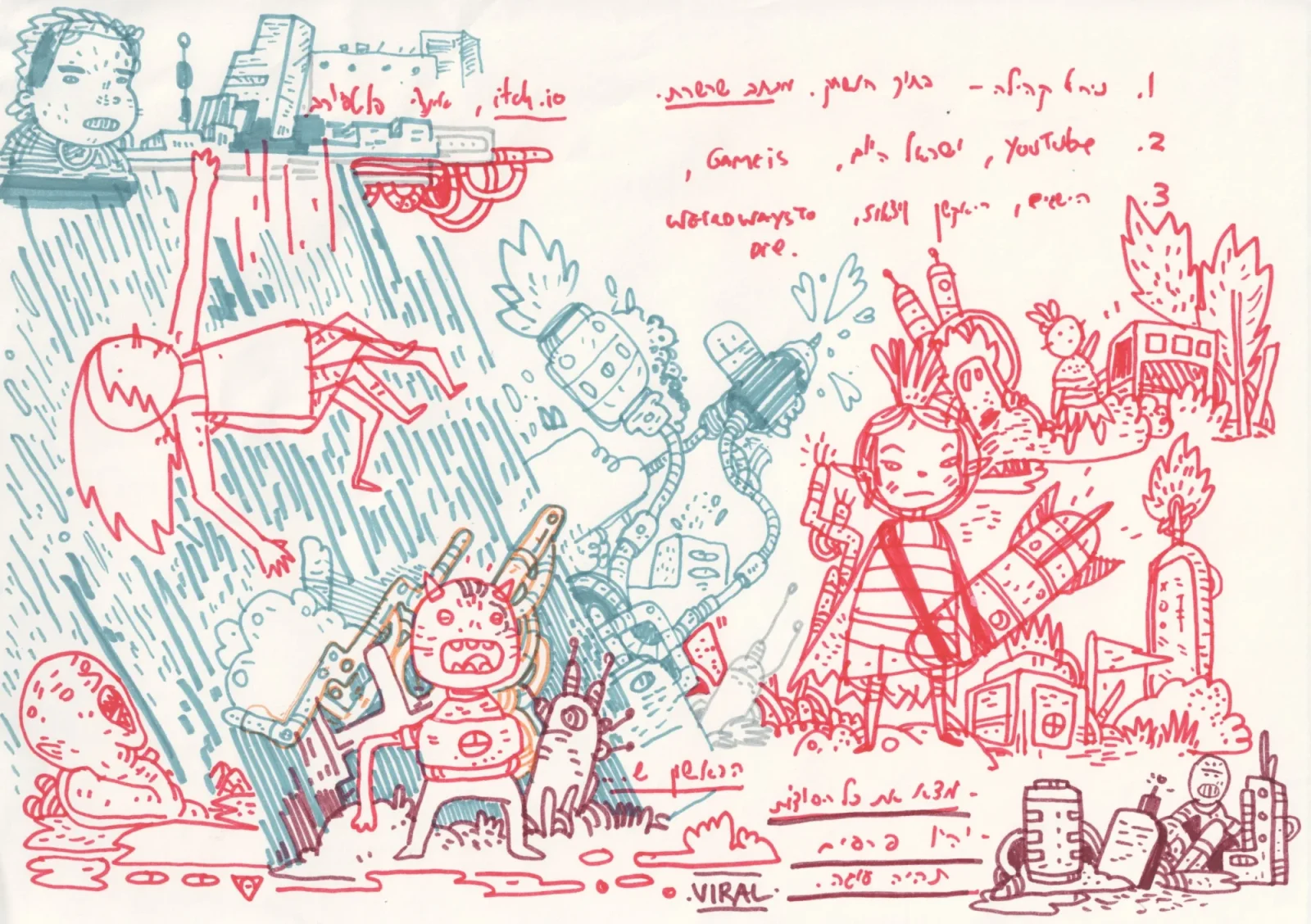 Rotated marker drawing in red and teal: a falling figure, robots, a tower city, a skull-faced character and Hebrew handwritin