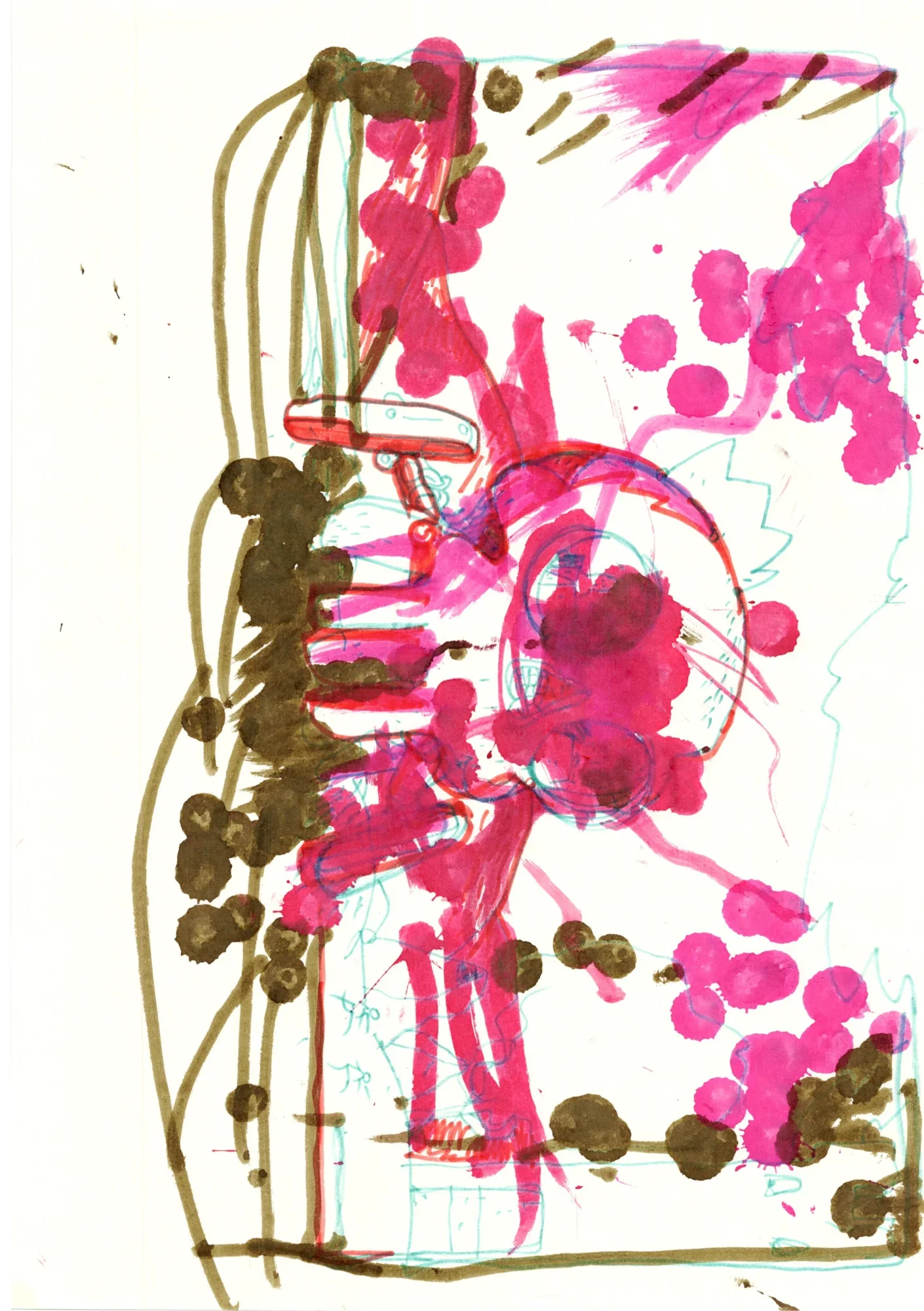Abstract marker drawing: magenta and olive-brown blobs, loose lines and a red-outlined round form, with thin turquoise sketch