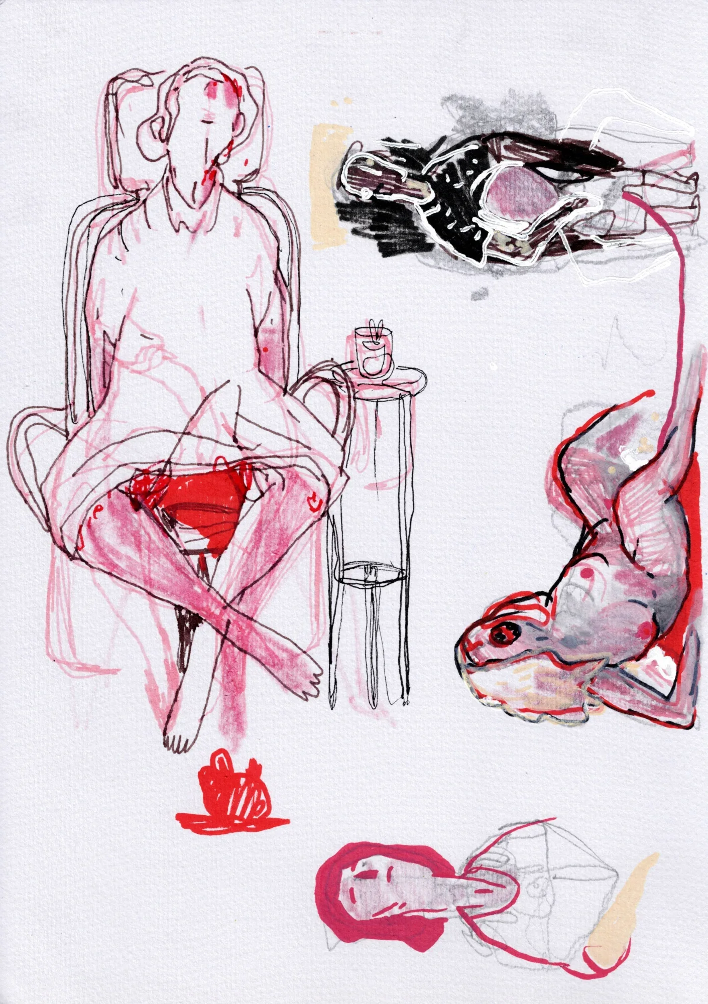 Sketches in red, pink and black: a faceless figure sits cross-legged in a chair beside a small table; other figures lie sidew