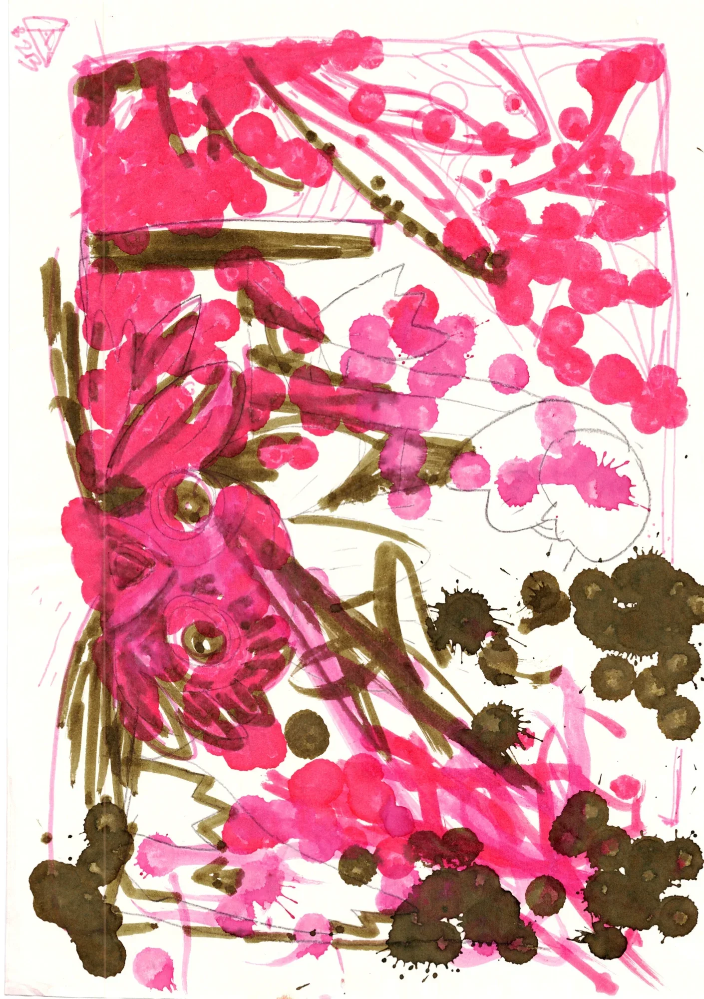 Abstract drawing of hot pink and olive-brown marker dots, strokes and ink splatters, with a faint pencil-sketched creature at