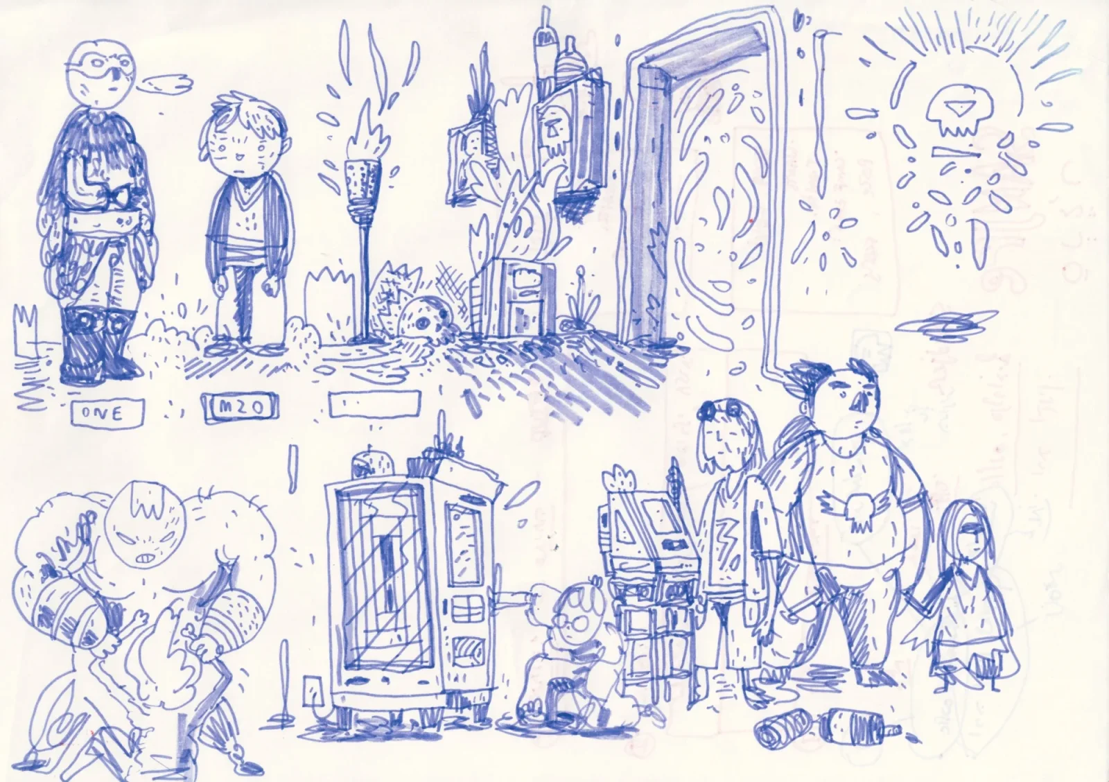 Blue ballpoint sketch, rotated sideways: cartoon figures, a sun burst, small buildings, a lamp post and signs reading ONE and