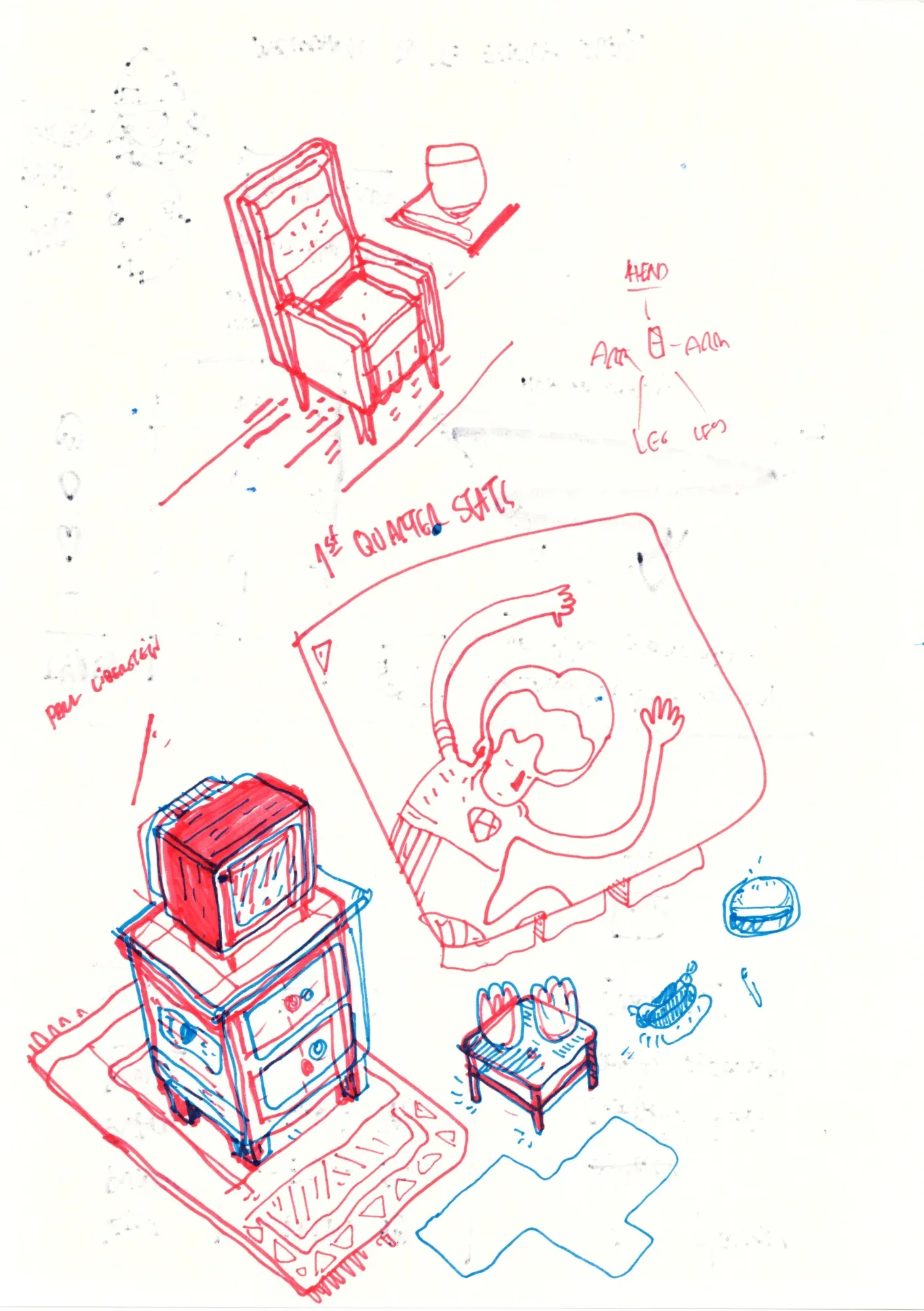 Red and blue marker sketches: an armchair, an old TV on a cabinet, a stretching figure on a screen, a small table with food.