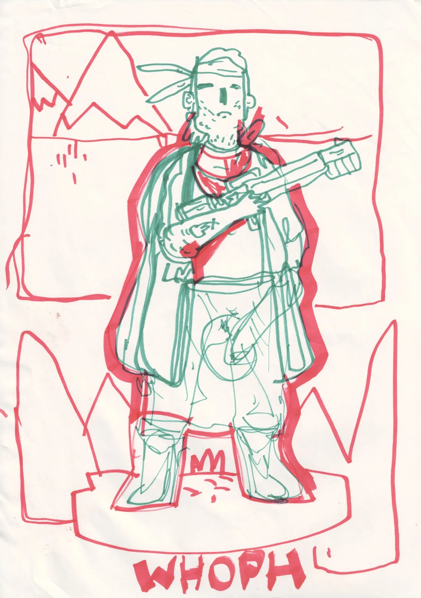Red and green marker drawing of a bearded man in a headband and cape holding a rifle, on a round base, with the word WHOPH be