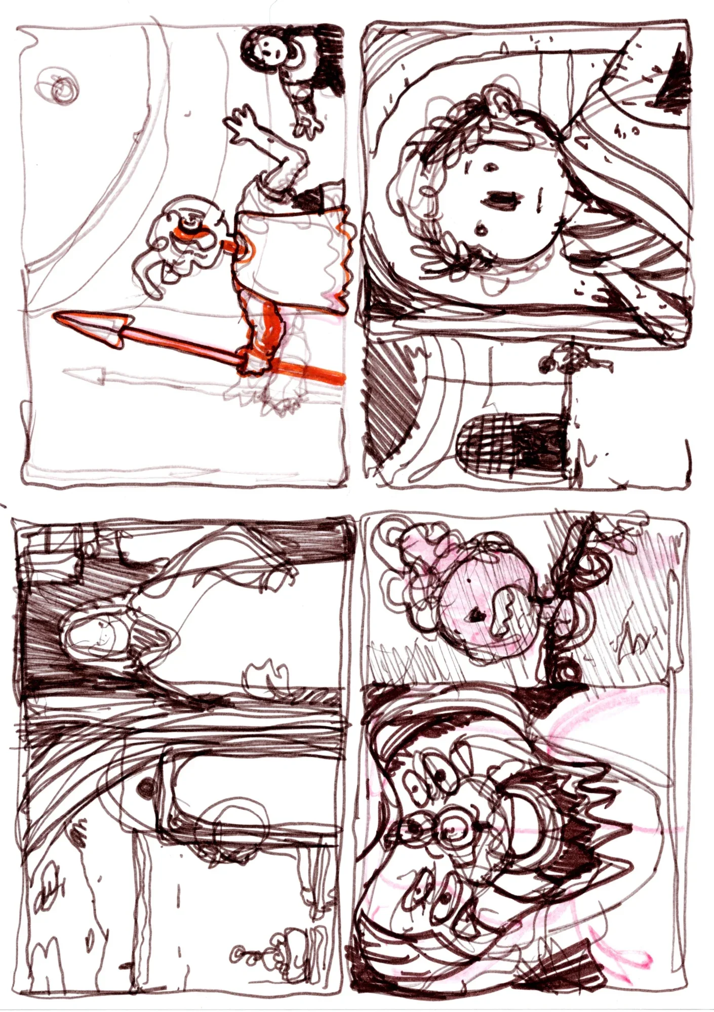 Four rough comic panels in pen and marker: a figure with a red spear, a sideways face, a robed figure, a pink head above a gr