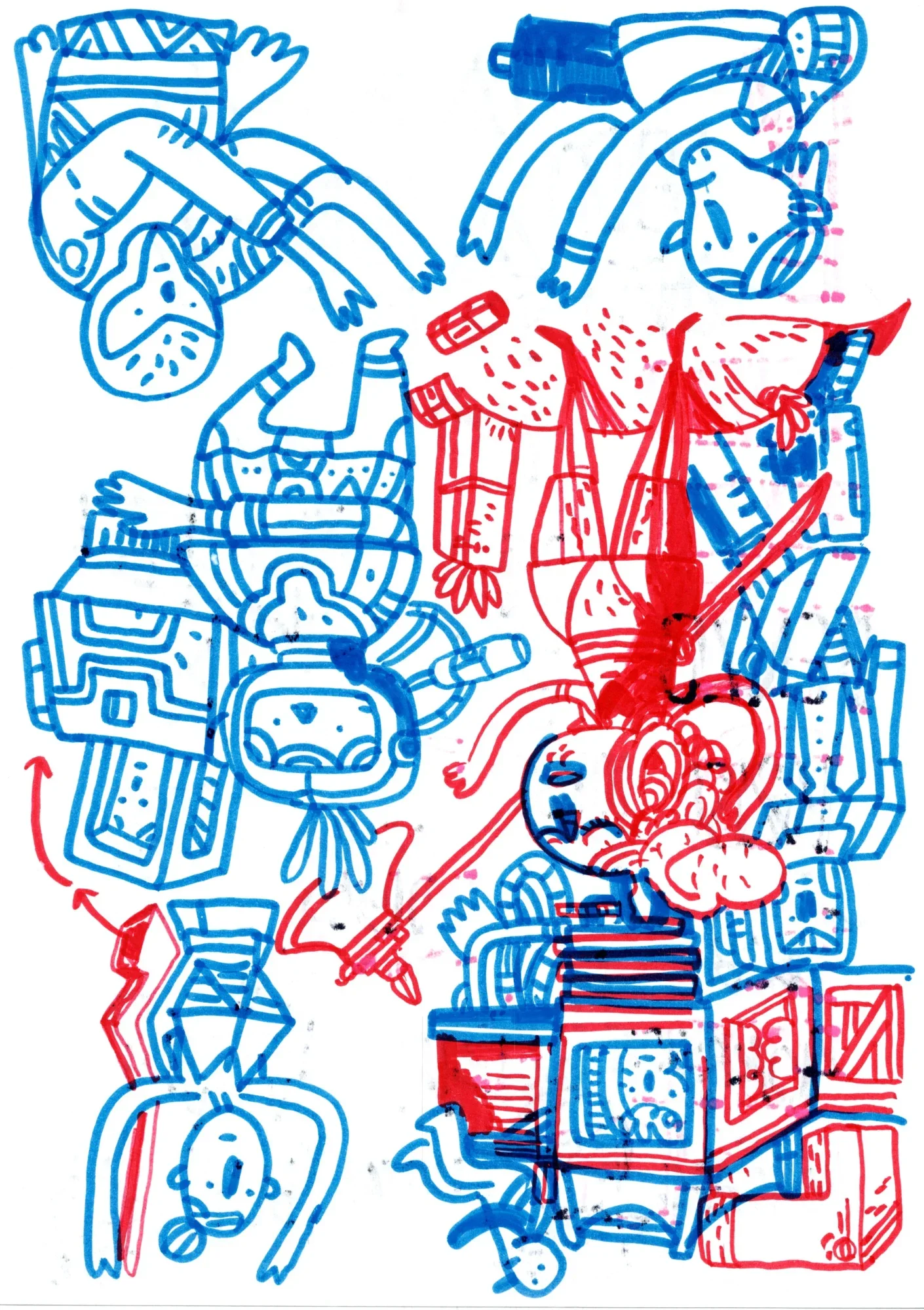 Red and blue marker drawing of upside-down cartoon figures tangled among boxes, crates and a TV-like machine.
