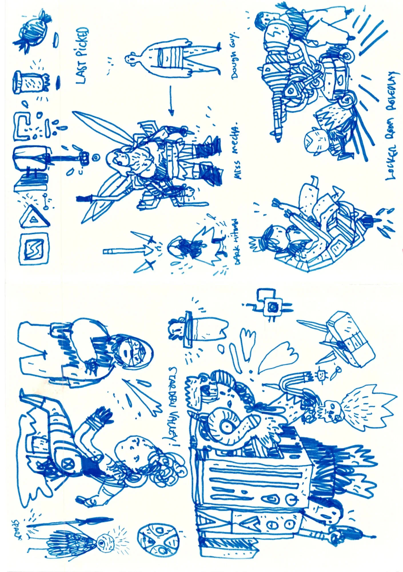 Blue pen sketches of fantasy characters, a mecha figure, a motorcycle and a skull figure, with handwritten labels like Mecha