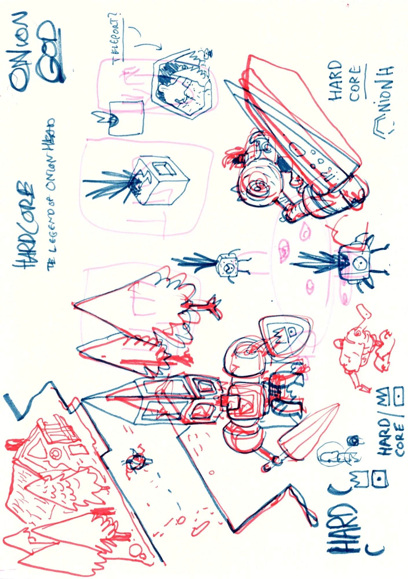 Red and blue marker sketches of armored onion characters, a cube-headed figure, spiky trees, and the words Hardcore and Onion