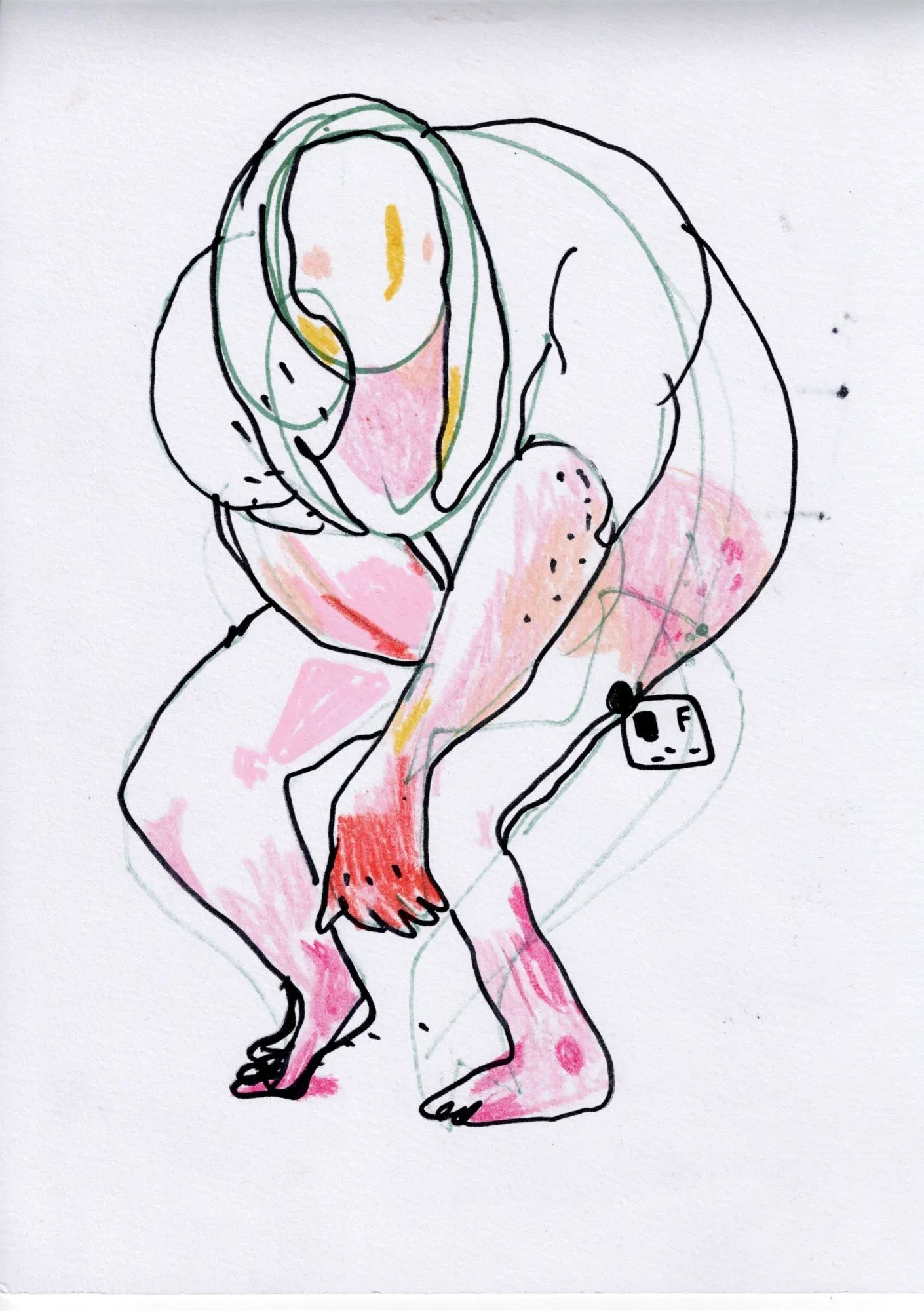 Hunched nude figure bending forward, hand reaching to its foot, drawn in black and green line with pink and red shading.