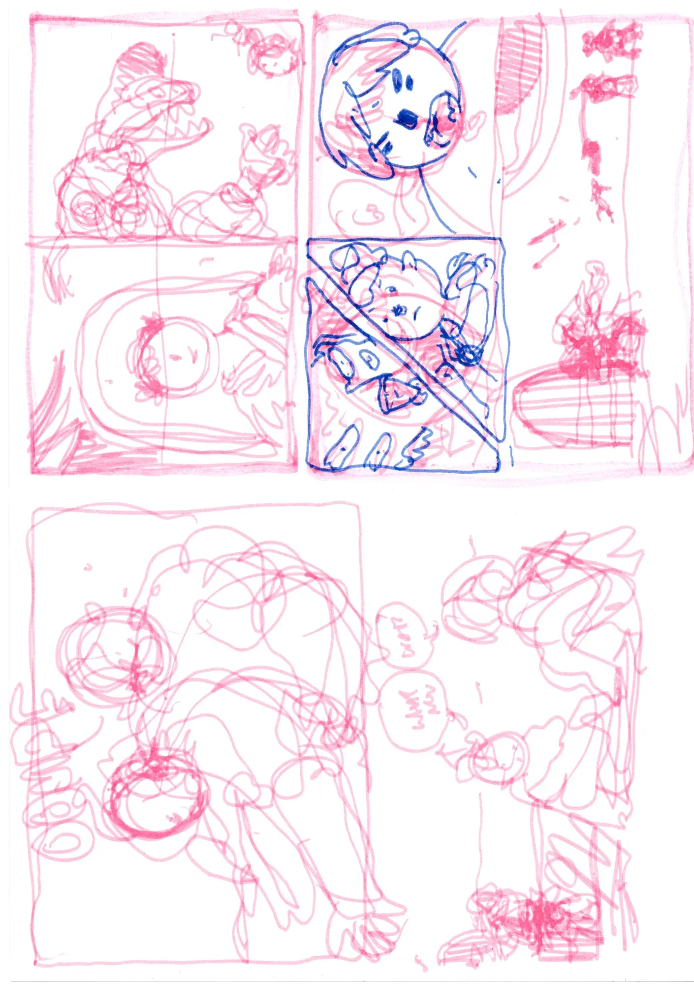 Rough pink and blue marker comic page sketches: panels with a toothy creature, a round-headed figure, and scribbled figures.