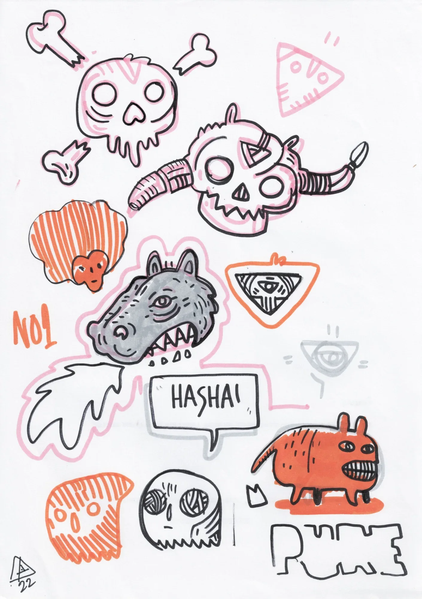 Marker sketch sheet: crossbones skull, horned skull, gray snarling wolf head, speech bubble "HASHAI", orange beast, ghosts, e