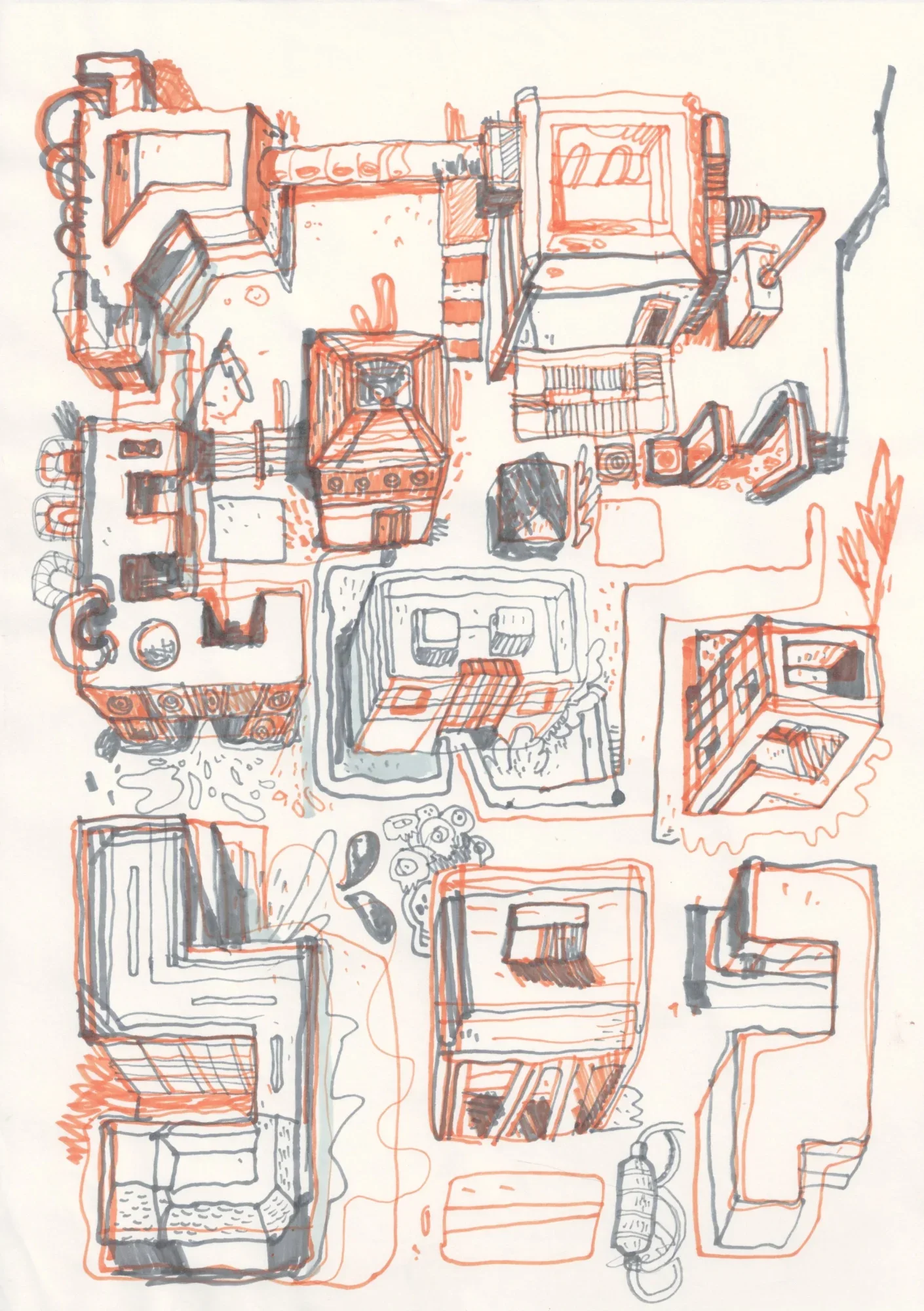 Orange and gray marker drawing of many angular, blocky buildings and machines seen from above, with pipes and stairs.