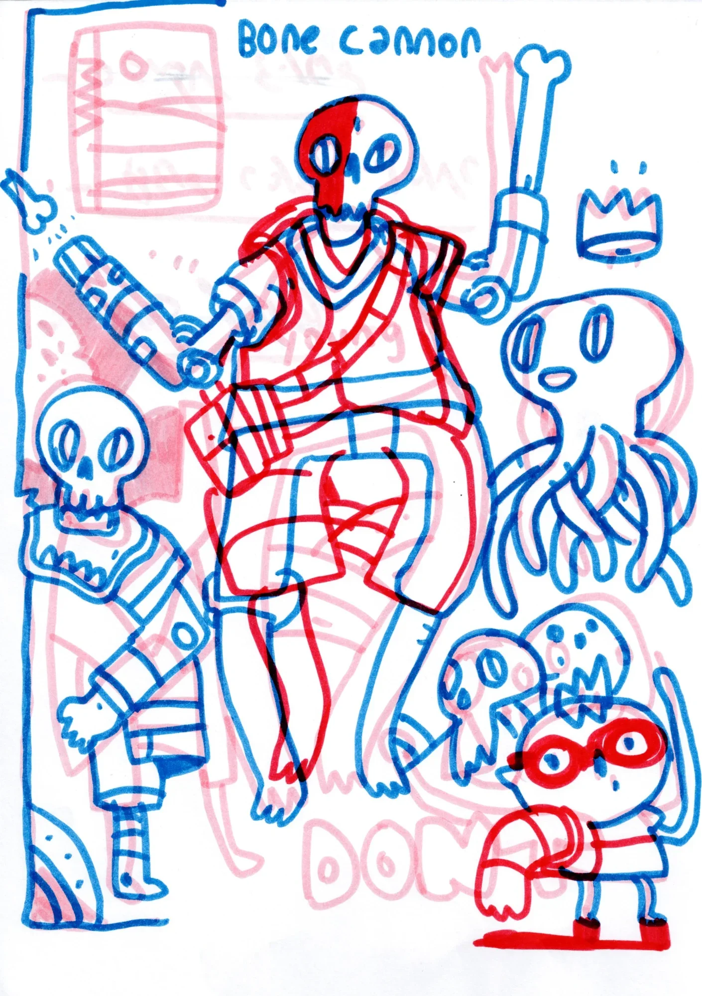 Red and blue marker drawing: a seated skeleton with a bone arm cannon, a skeleton in a striped sweater, an octopus, and a mas