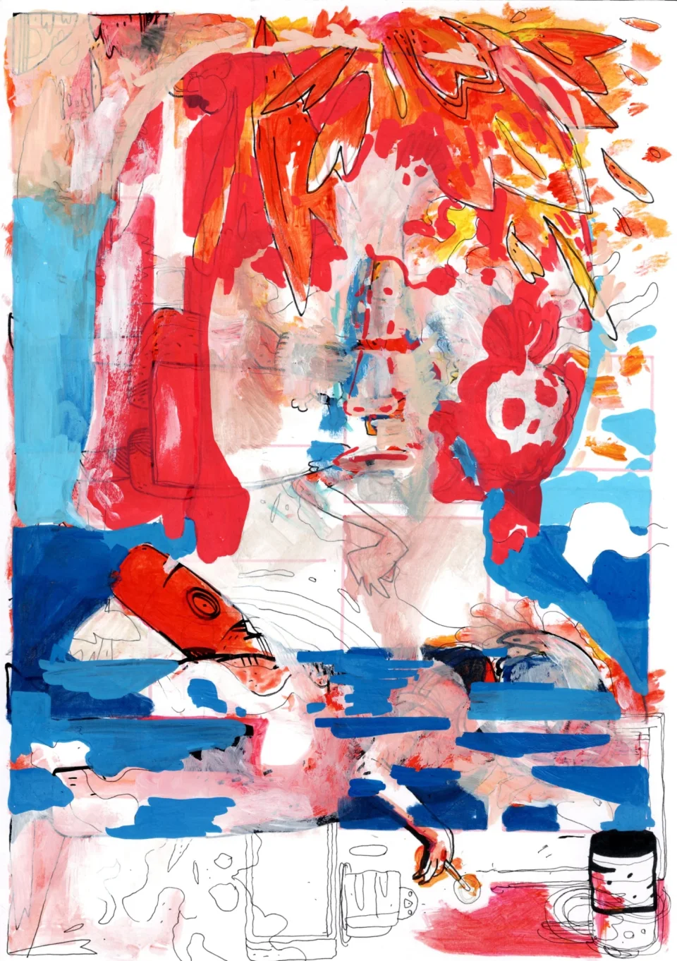 Abstract figure with red and orange flame-like hair, a skull-like flower, blue horizontal strokes and sketched bottles below.