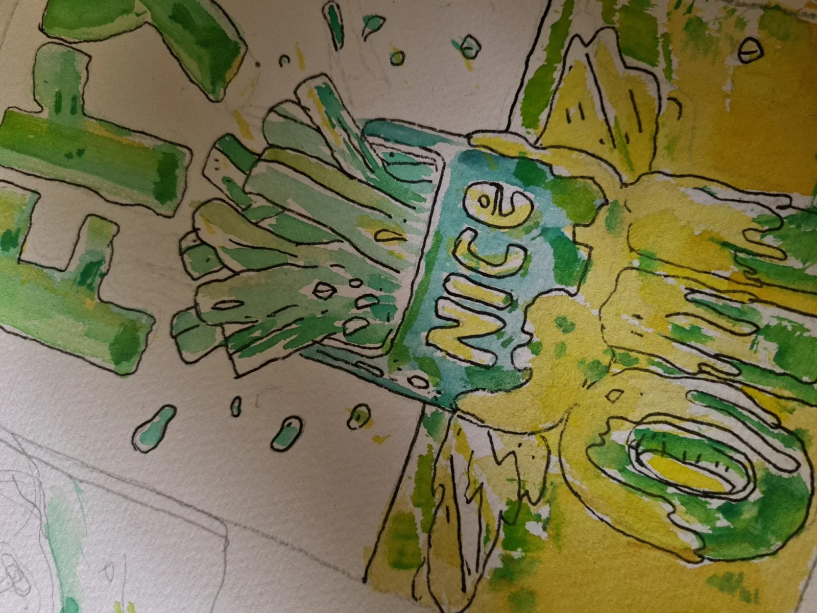 Watercolor and ink close-up: green fries spill from a teal carton marked NICE onto a yellow-green ground, with green letters