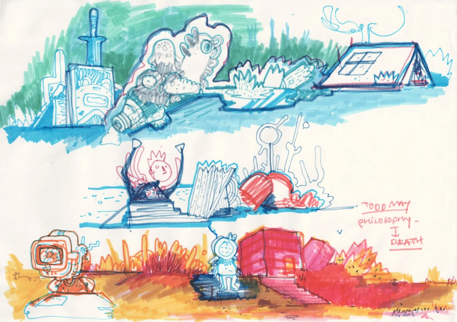 Sideways marker drawing: a blue house, green hills, small figures and boxes in red and orange, and handwritten text in red.