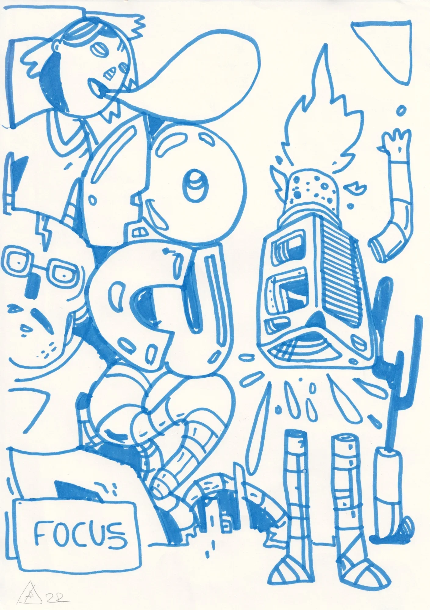 Blue marker drawing: a bubble-blowing figure, bubble-letter shapes, a flaming-haired robot with TV-like body, and a FOCUS sig