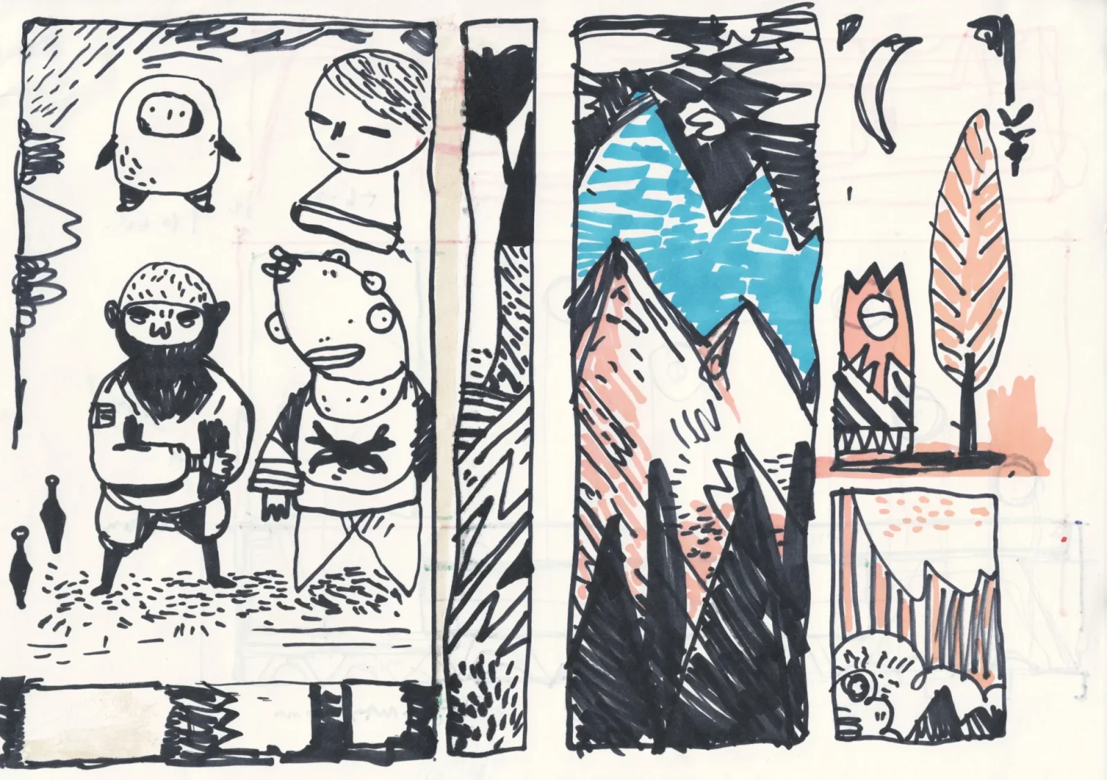 Marker comic page with black, blue and peach panels: jagged mountains, a feather, and cartoon characters in the bottom panel.