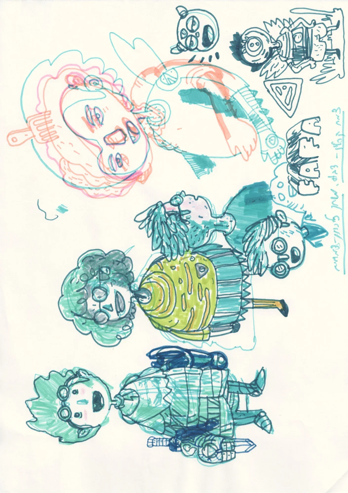 Marker sketches of quirky characters in teal, green and orange: a spiky-haired kid with a sword, a curly-haired figure, a sku