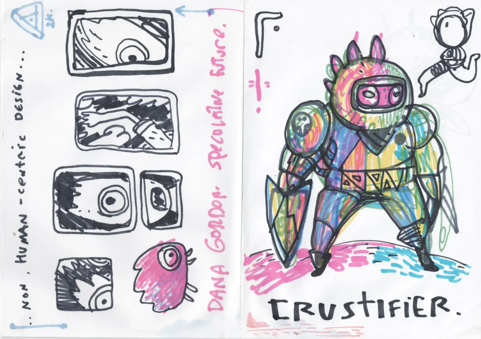 Marker drawing of a colorful winged creature with a pink visor face, plus the word Irustifier, small framed eye sketches and