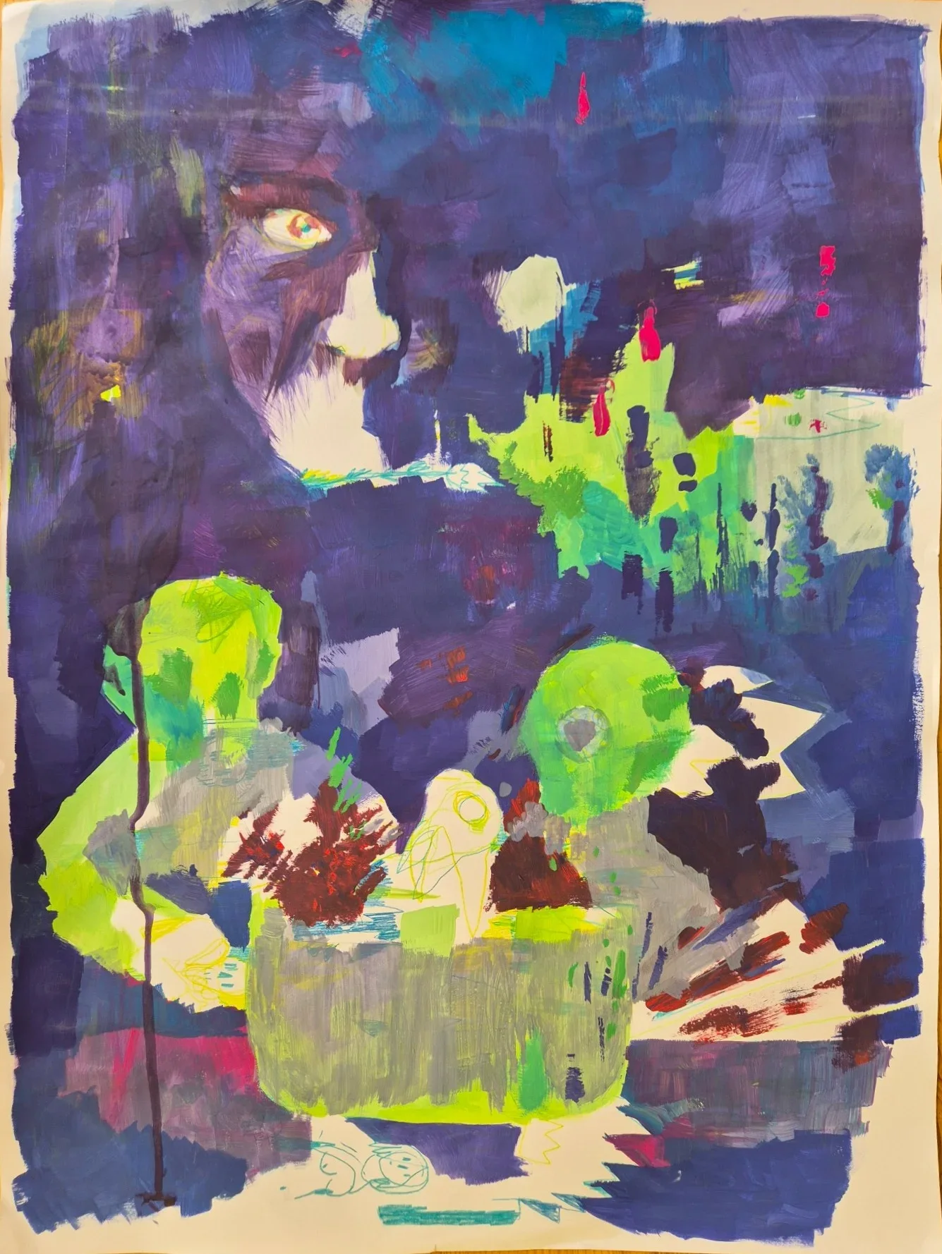 Abstract painting: a lime-green and gray blocky figure on a deep blue-purple ground, with maroon strokes and pink accents.