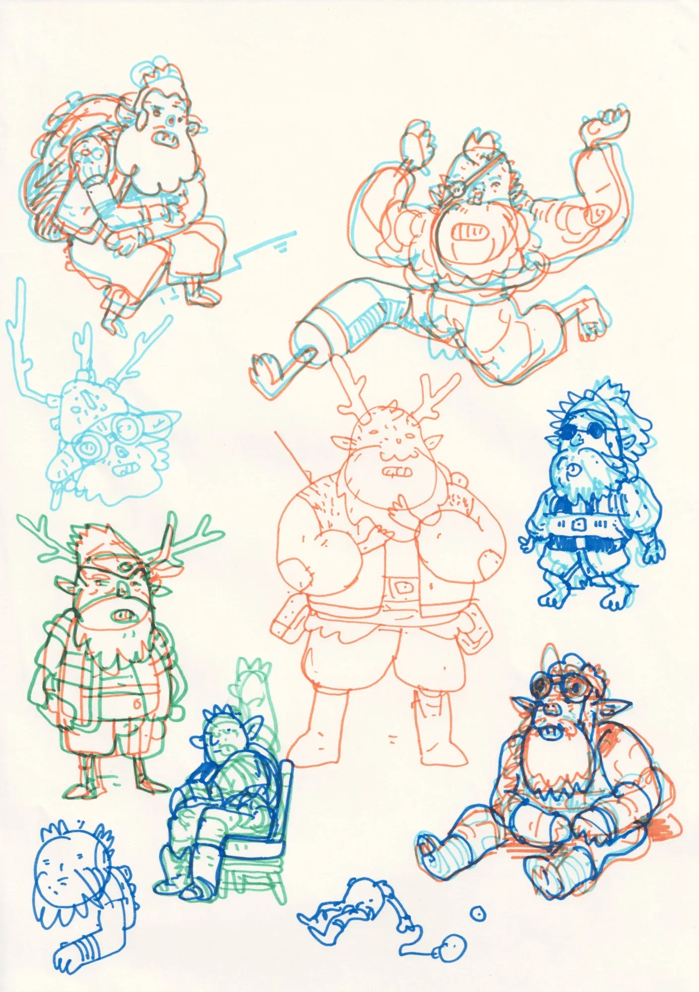 Sketch sheet of bearded, pointy-eared characters in red, blue and green marker: some with antlers, one in a chair, one sittin