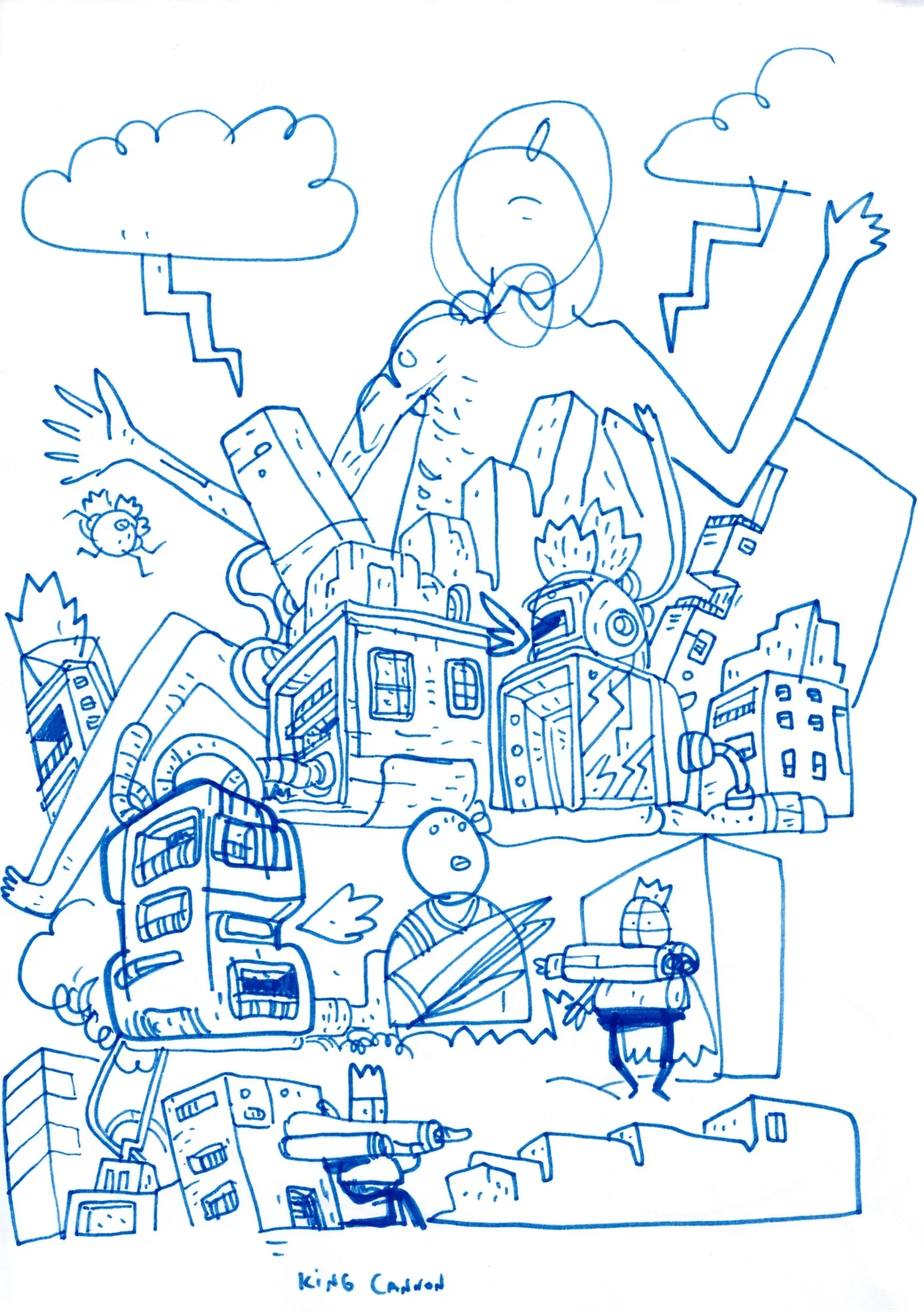 Blue marker drawing of a giant figure with raised arms behind a crowded cluster of buildings, storm clouds, and cannon-armed