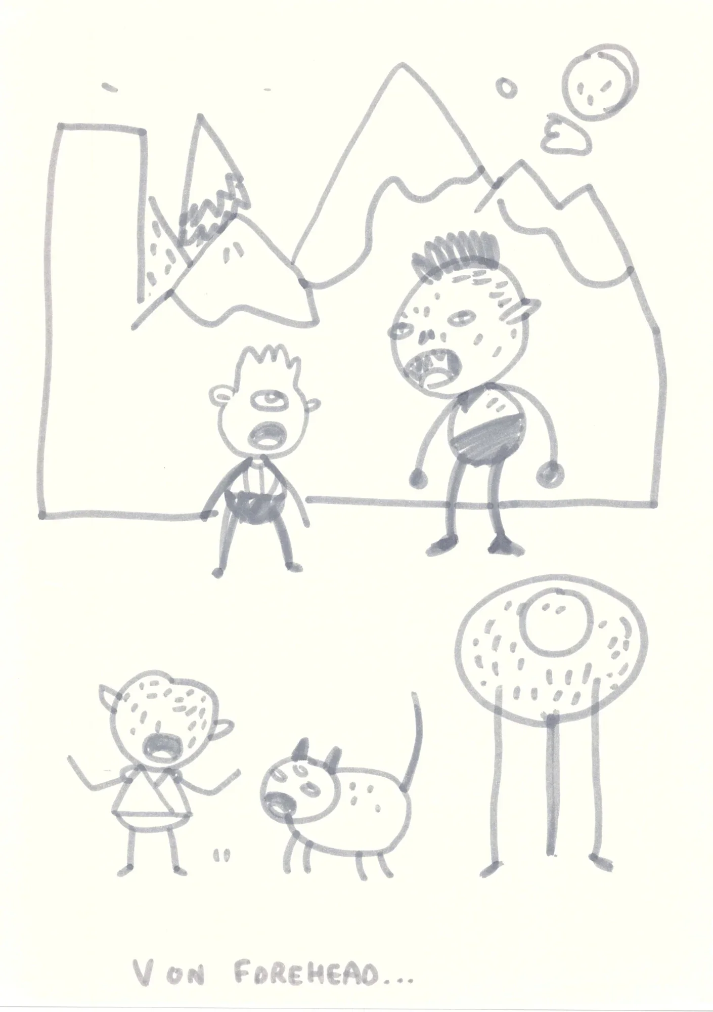 Marker drawing of two shouting figures before mountains, a screaming child by a dog, a tall-legged round creature. Caption: V