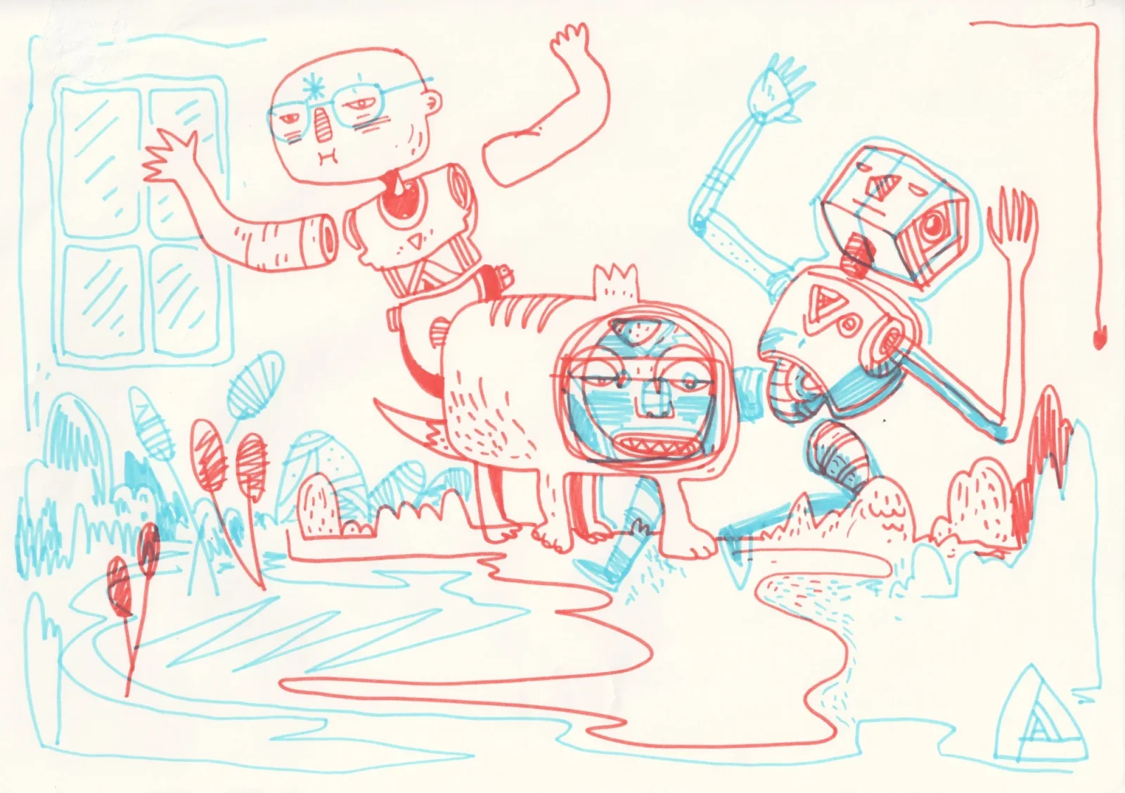 Red and cyan marker drawing of odd, cubic-headed figures with raised arms and a hairy body, among plants, a window and a tria