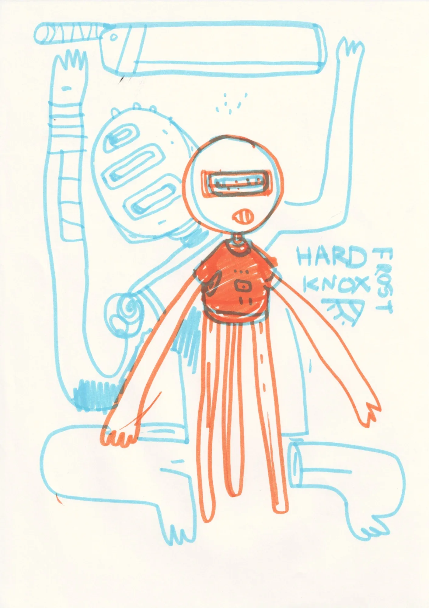 Orange marker figure with round helmet head and long limbs, in front of a blue-line figure with raised arms. Text: HARD KNOX