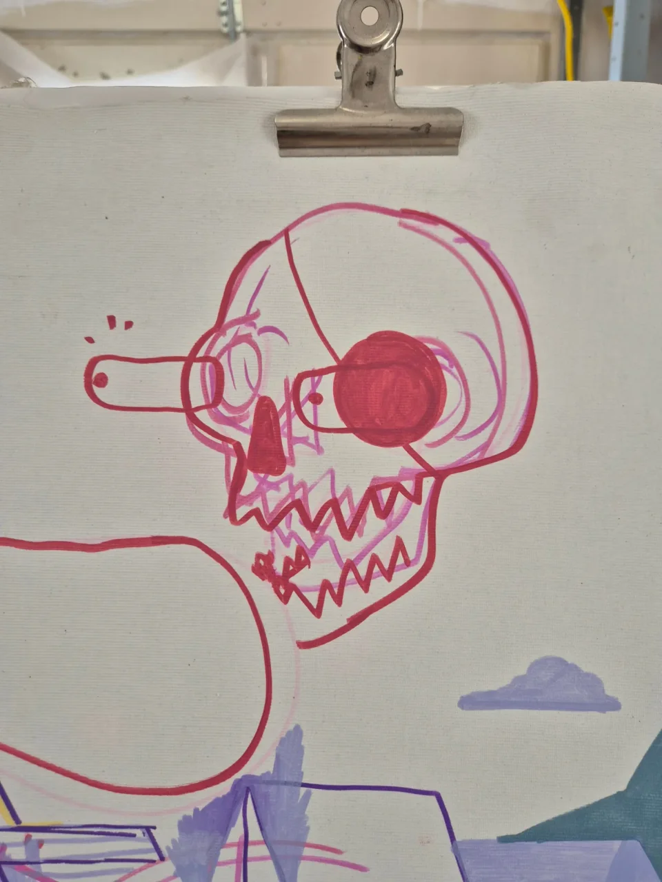 Red and pink marker-style skull with a filled red eye and a pill-shaped tube at left, on canvas, with purple shapes below.