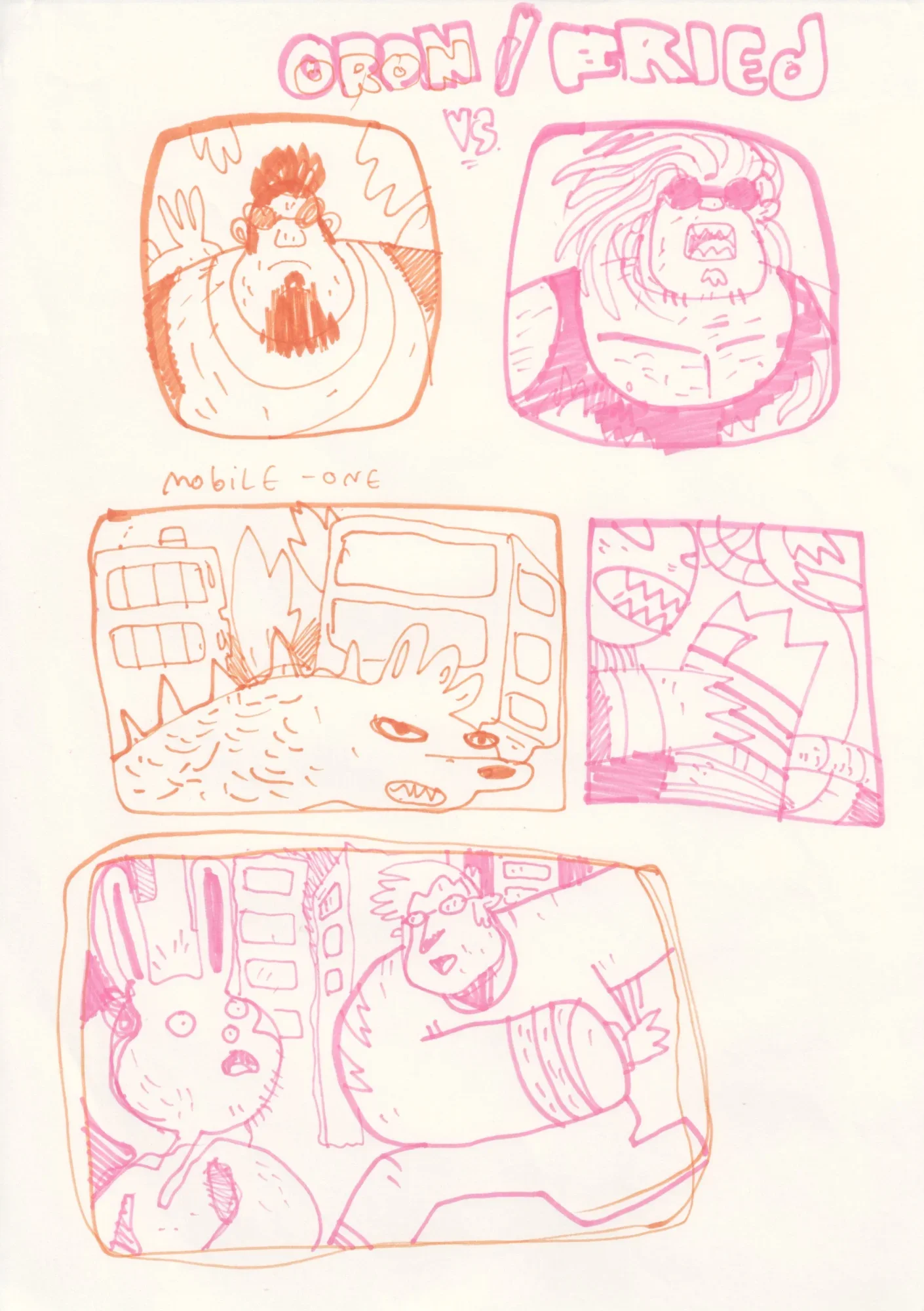 Orange and pink marker comic sketch: two bulky sunglassed men face off above a spiky beast by a bus and a panicked rabbit.