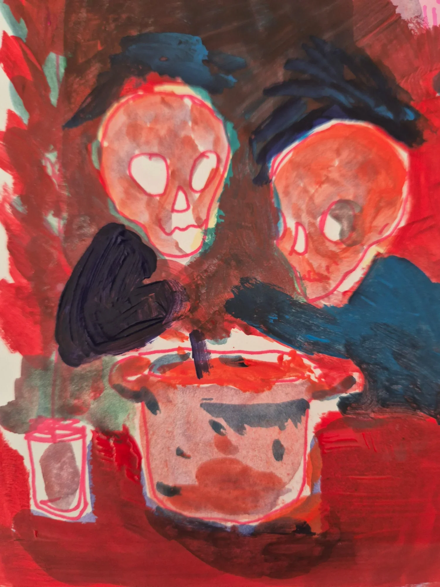 Two skull-headed figures with dark hair lean over a steaming red pot, painted in red, orange and blue; a small jar sits at le