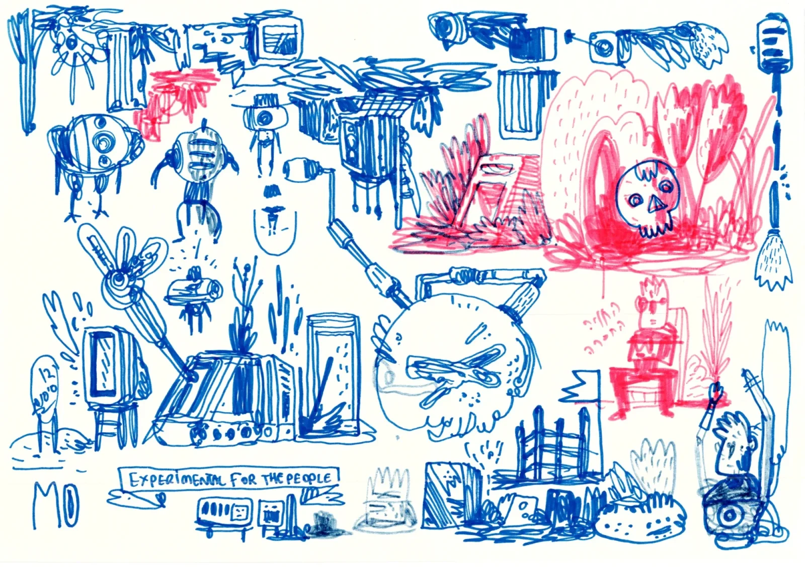 Dense blue and red marker doodle of machines, a clock, a skull face and small figures, with a banner reading "Experimental fo