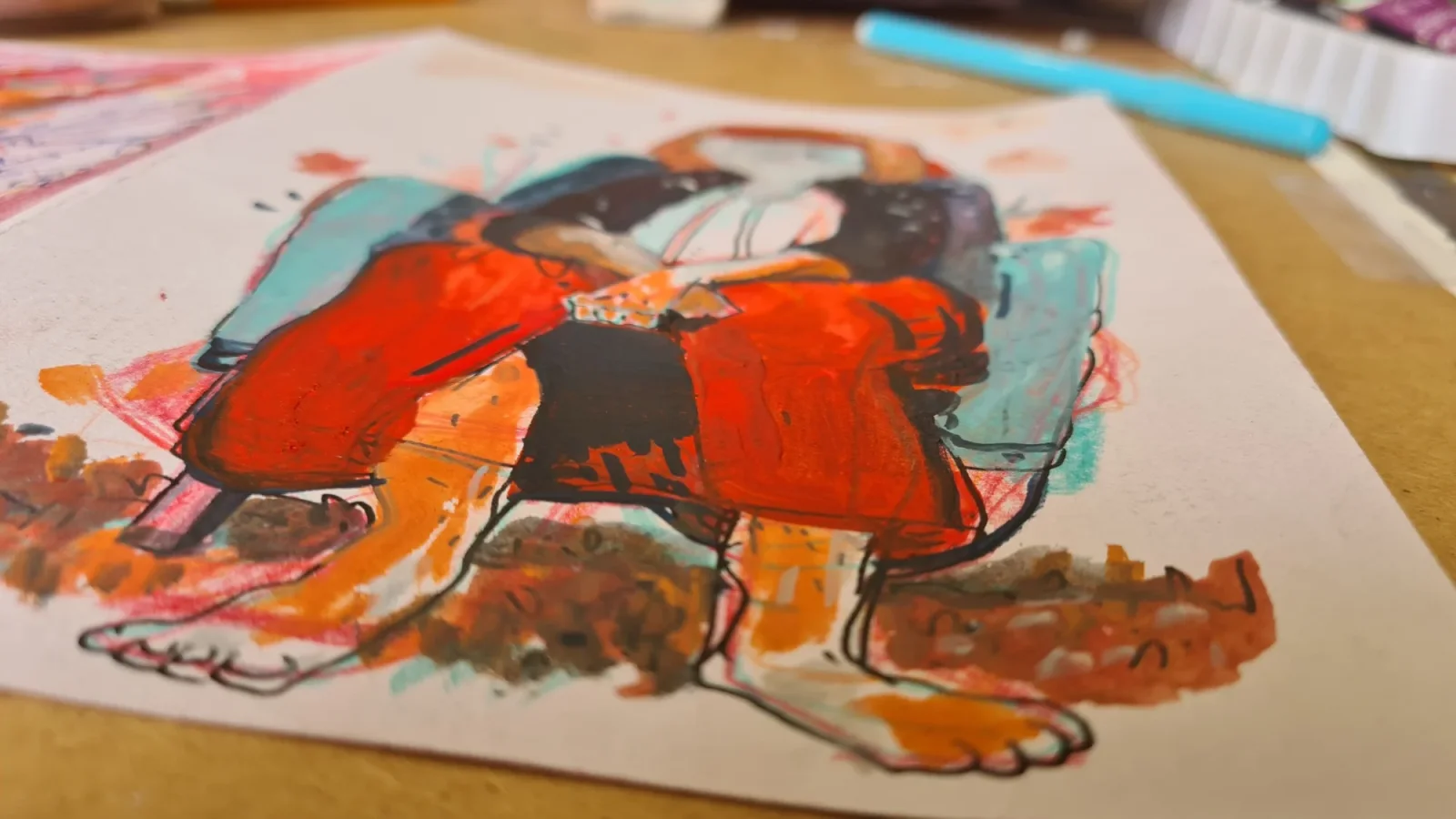 Painting of a seated figure with bare feet, in bold red and orange gouache with teal and brown patches and black outlines, on