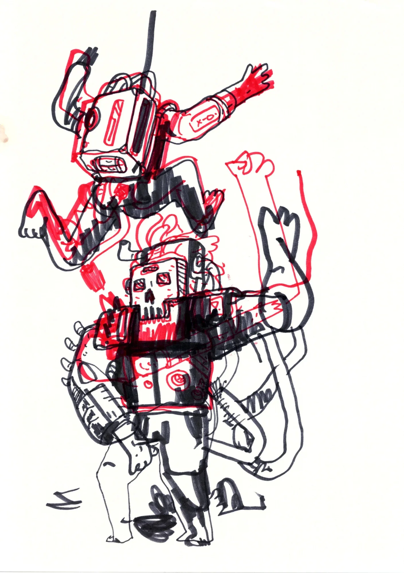 Red and black marker drawing of a boxy-headed figure leaping above a skull-faced figure with tubes and a large cannon-like ar