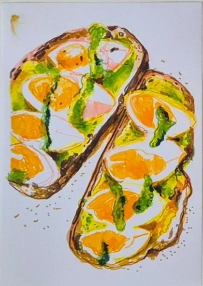 Two slices of toast topped with halved boiled eggs and green sauce, painted in bright yellow, orange and green.