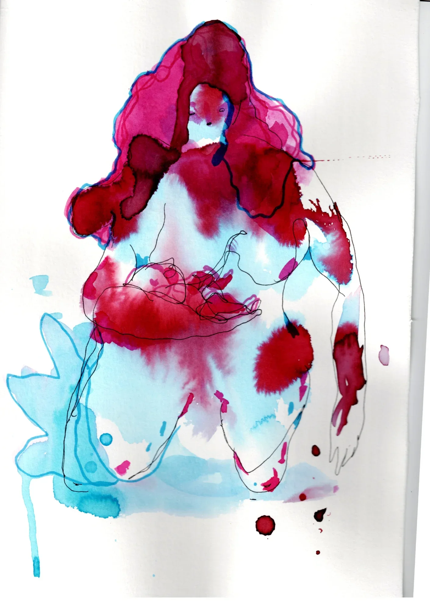 Abstract figure with long hair kneeling, painted in magenta and cyan ink washes with fine black line, drips below.