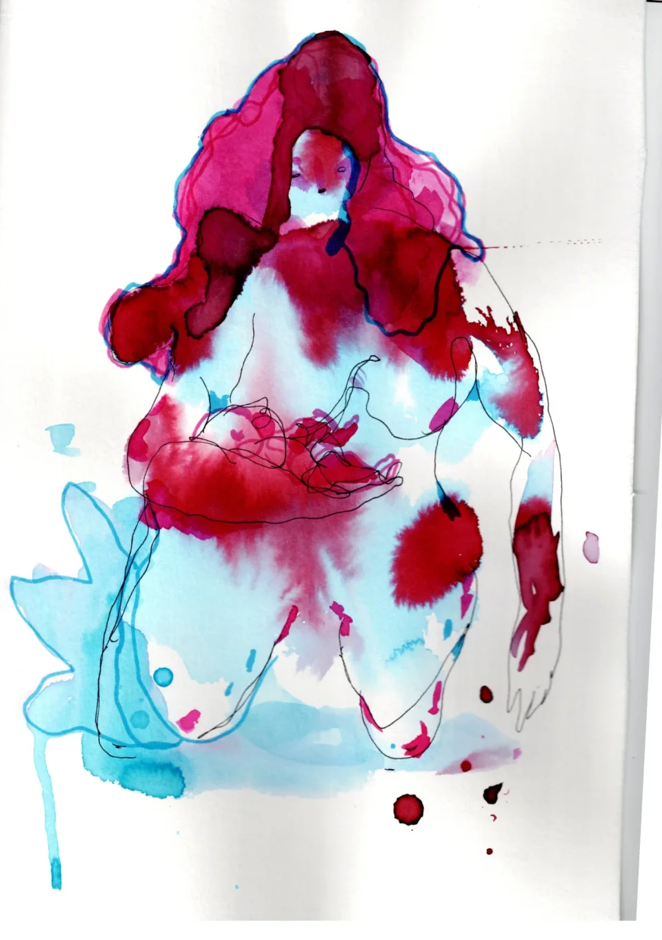 Abstract figure with long hair kneeling, painted in magenta and cyan ink washes with fine black line, drips below.