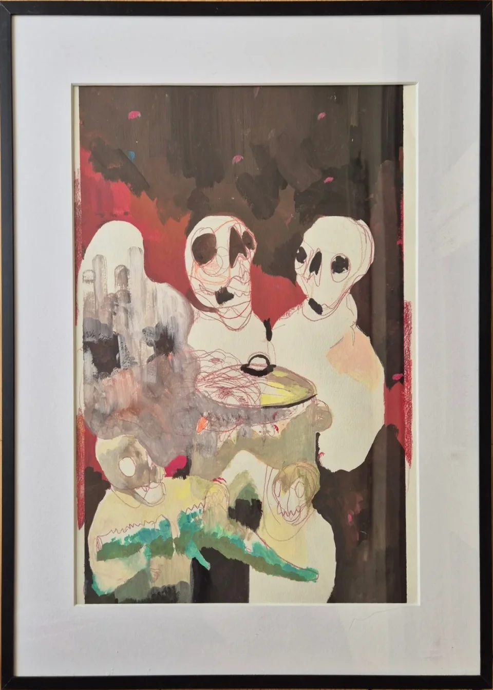 Three white skull-headed figures around a lidded pot, with a green crocodile and a small skull below, on a dark brown and red