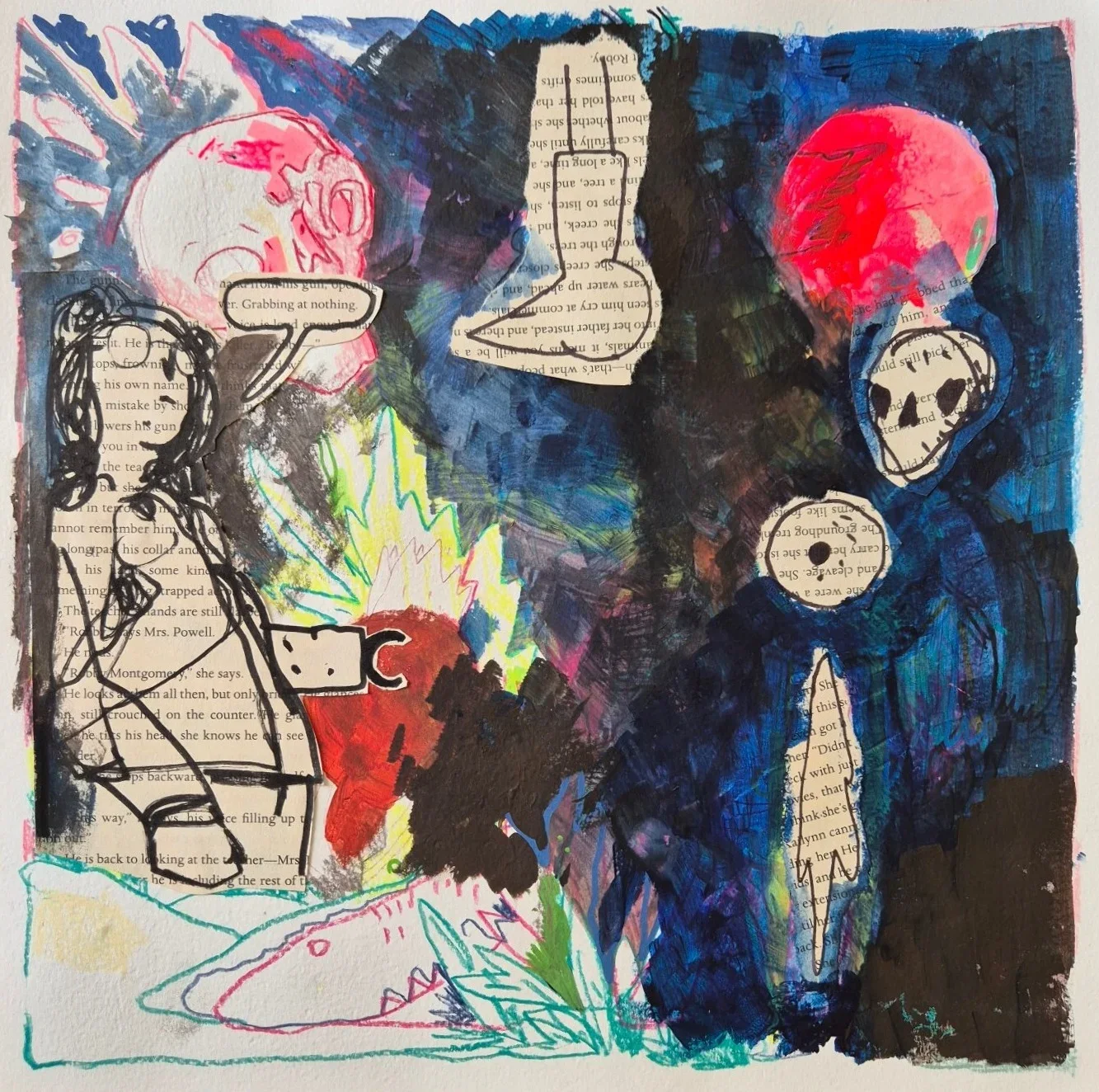Collage figure cut from book text beside a skull-headed figure, red orbs, a crocodile outline, on dark blue and black paint.
