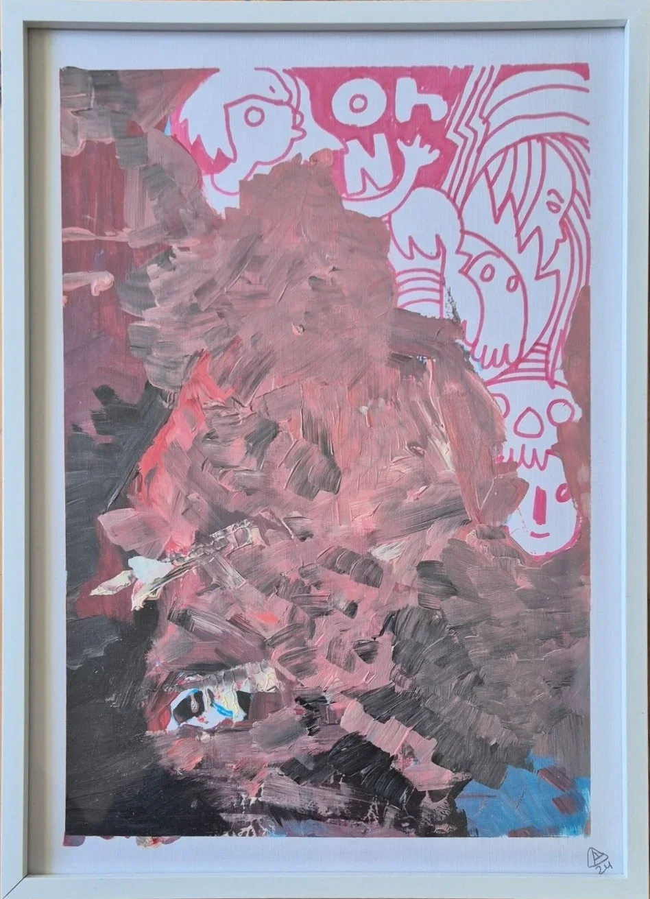 Thick brushstrokes of brown, pink, gray and black acrylic with a small eye, above pink marker doodles of skull-headed figures