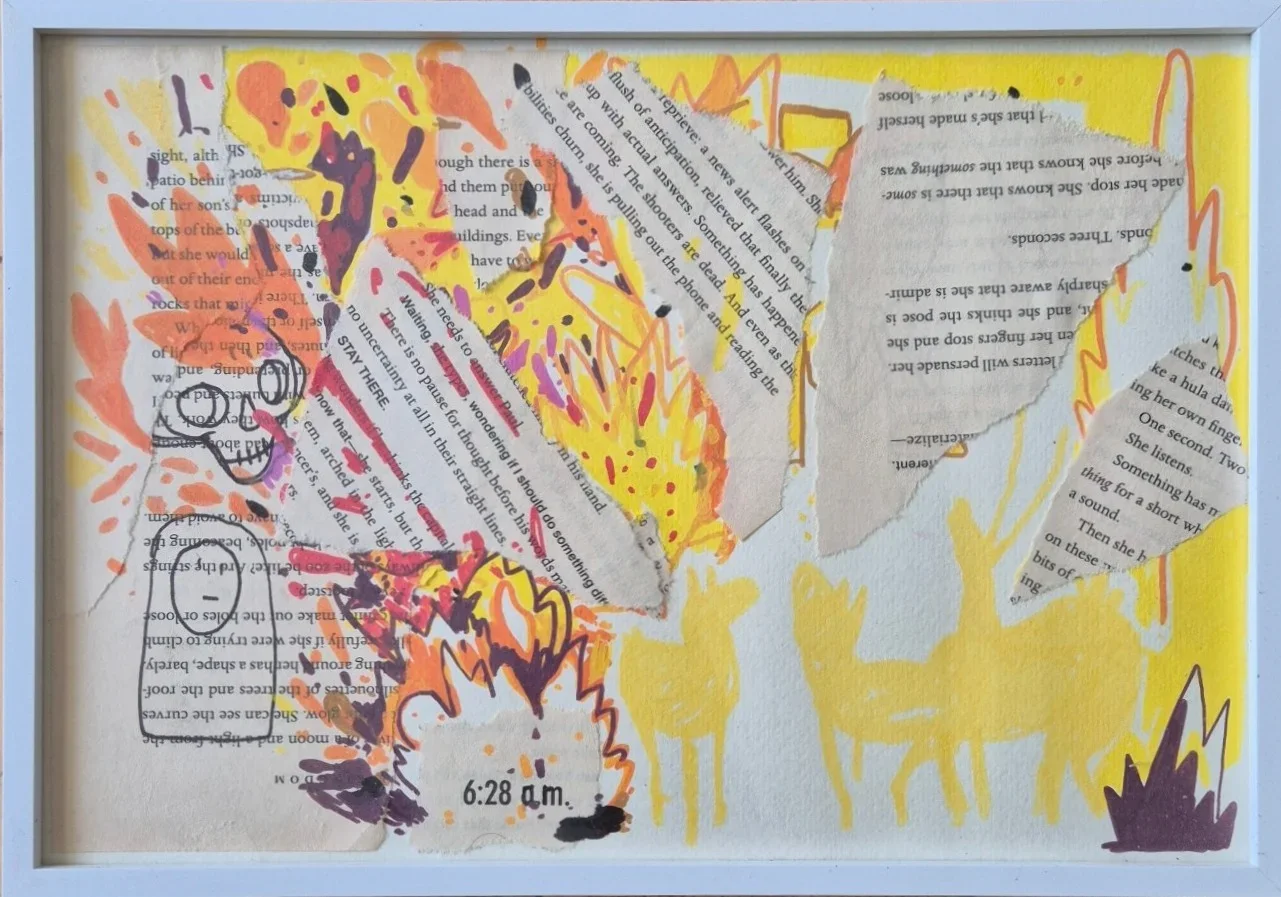 Framed collage: torn book pages and orange, yellow and purple marker flames, a skull figure, an outlined figure, yellow deer,